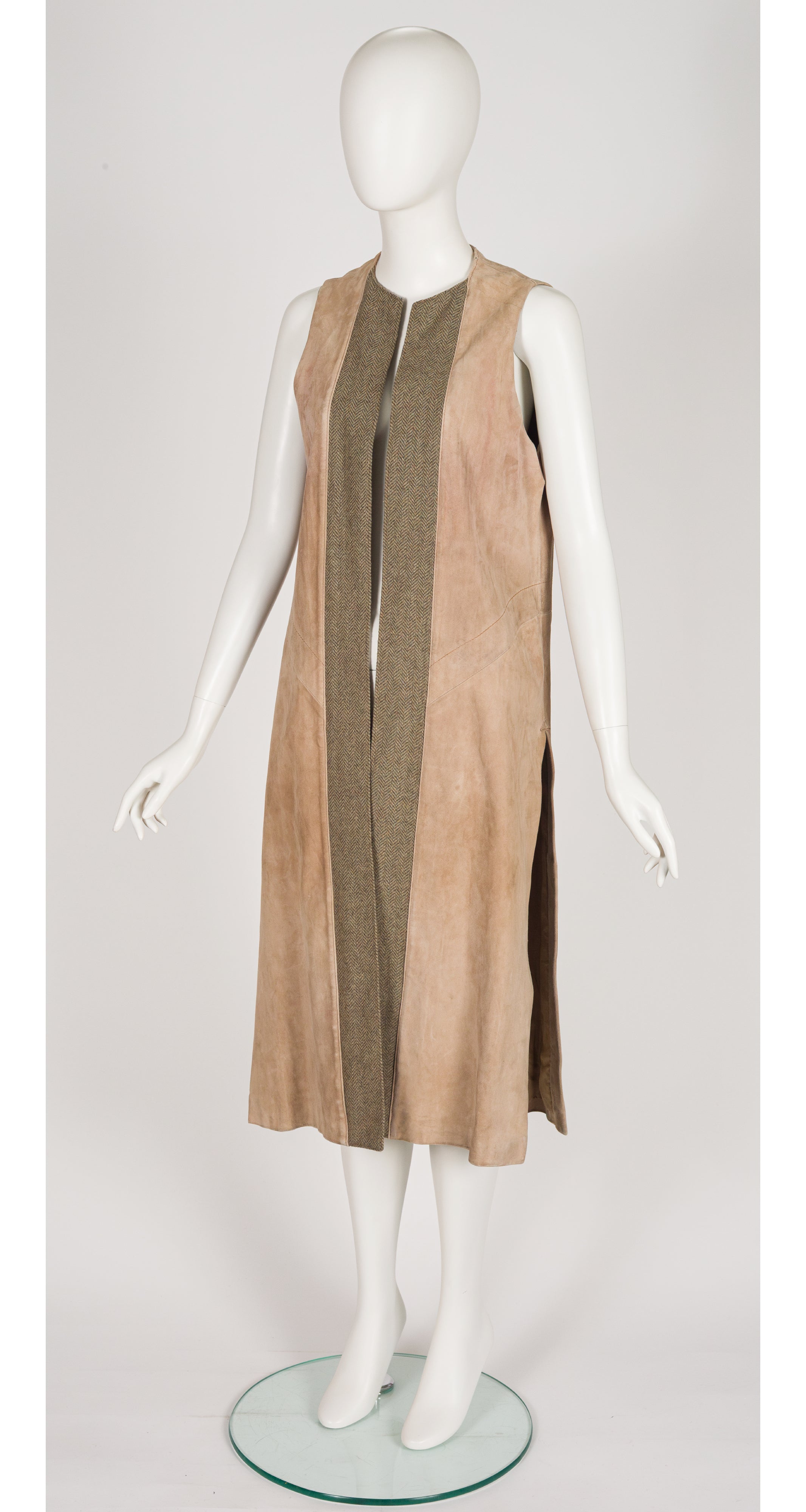 1970s Herringbone Tweed & Beige Suede Long Vest