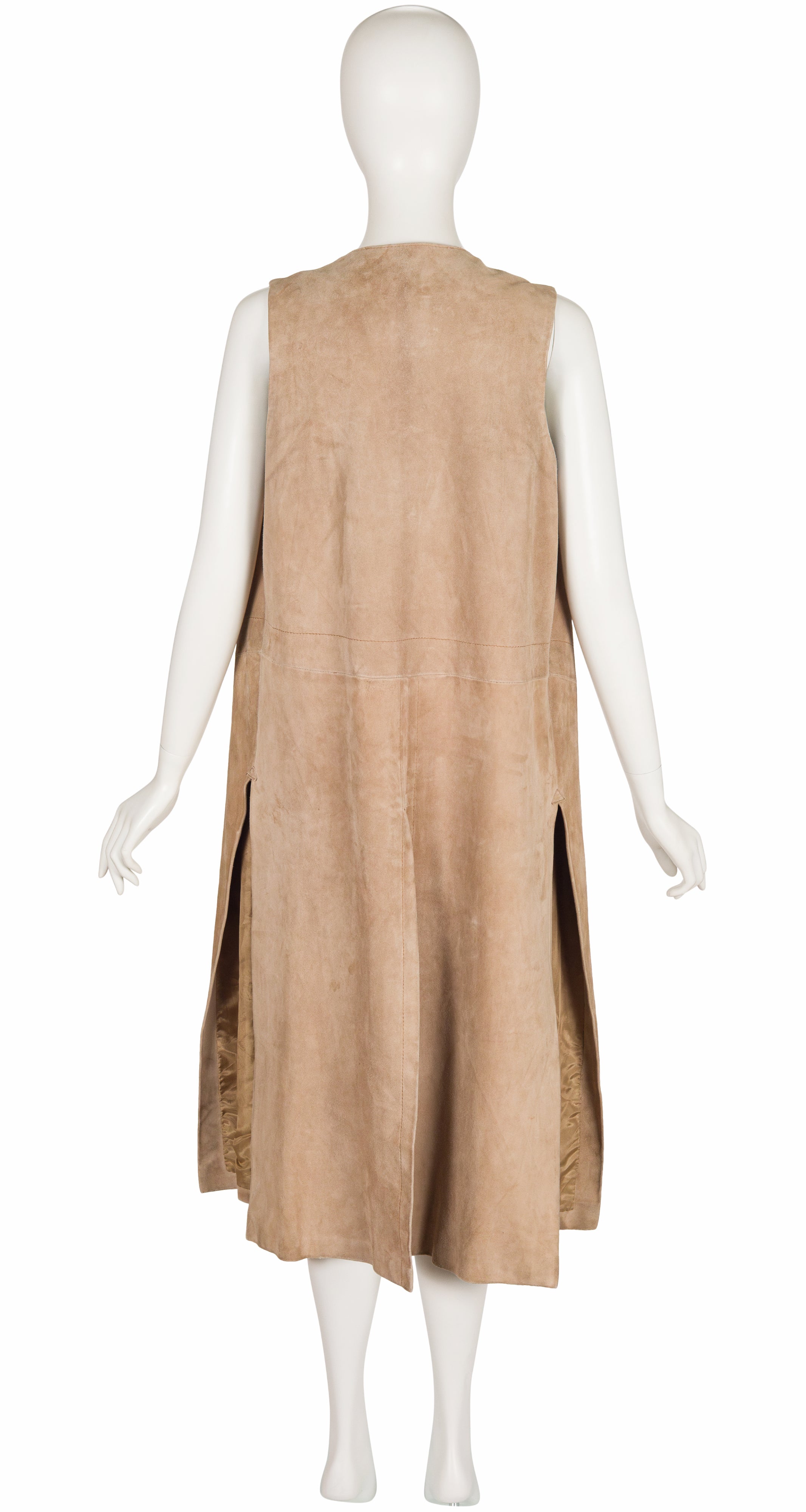 1970s Herringbone Tweed & Beige Suede Long Vest