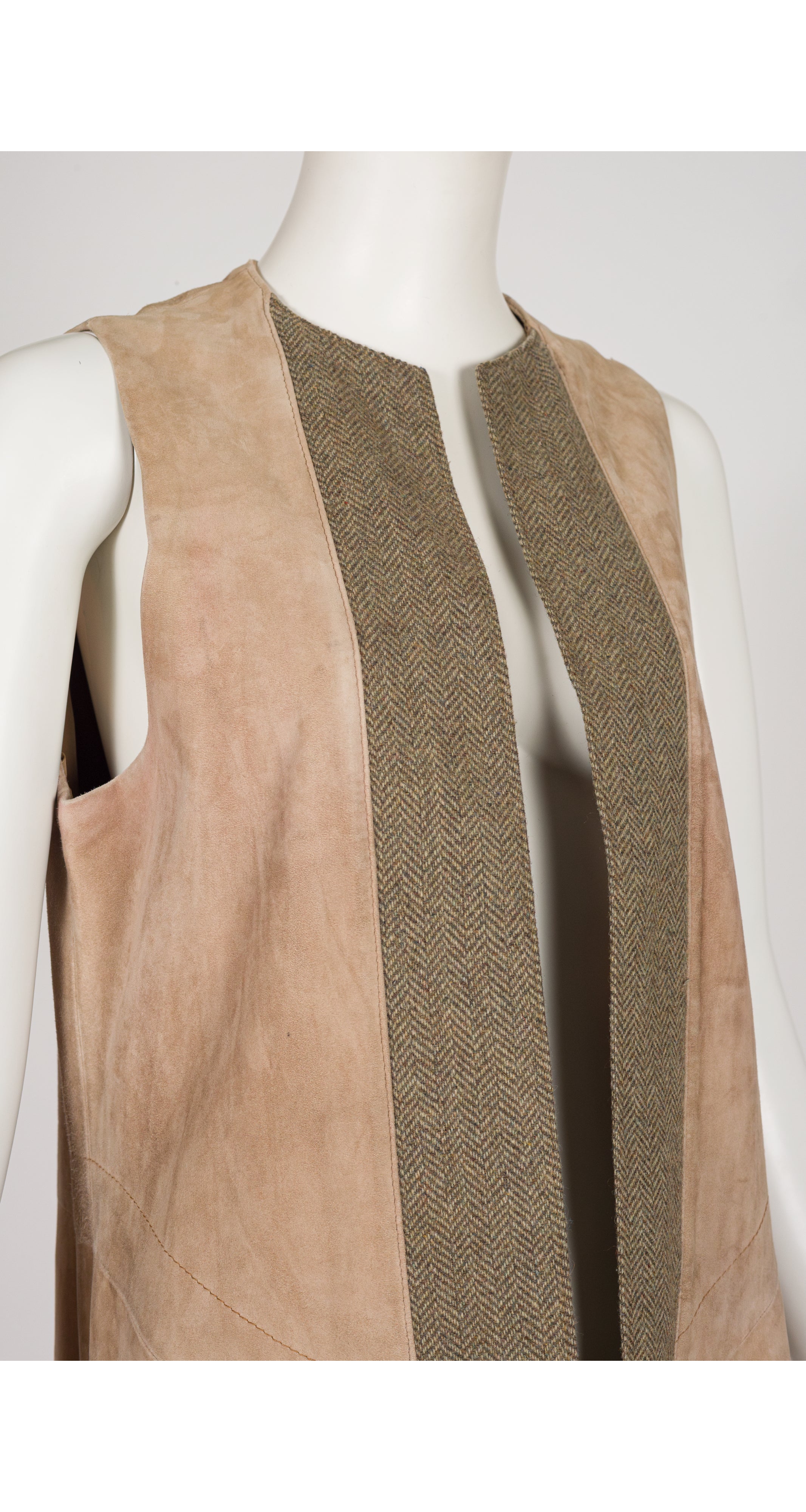 1970s Herringbone Tweed & Beige Suede Long Vest