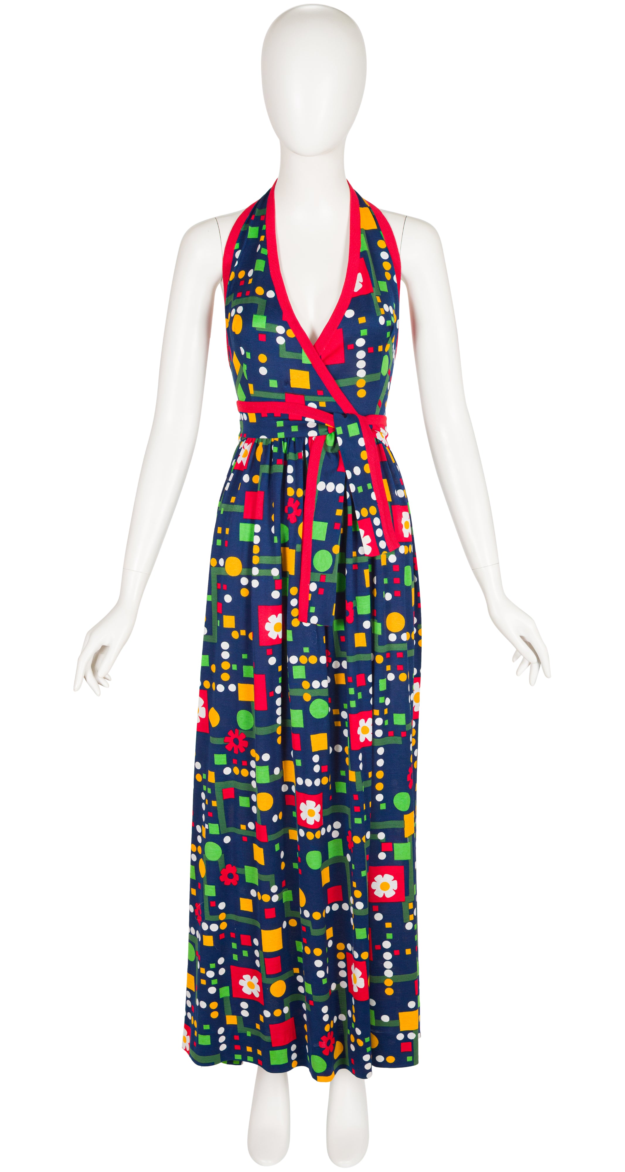 1970s Floral Geometric Print Cotton Jersey Halter Maxi Dress