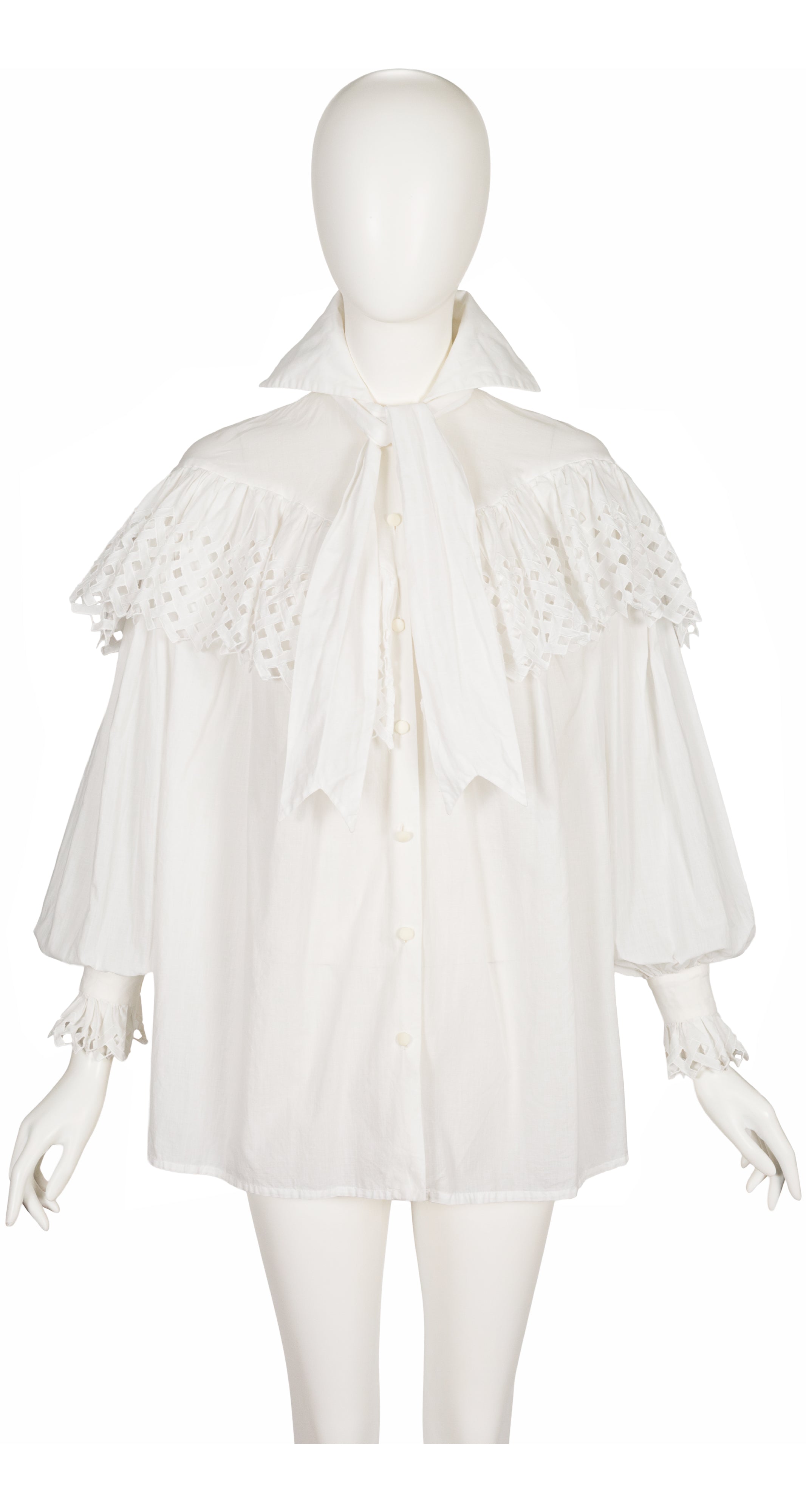 1983 S/S White Eyelet Cotton Ruffle Tie-Neck Blouse