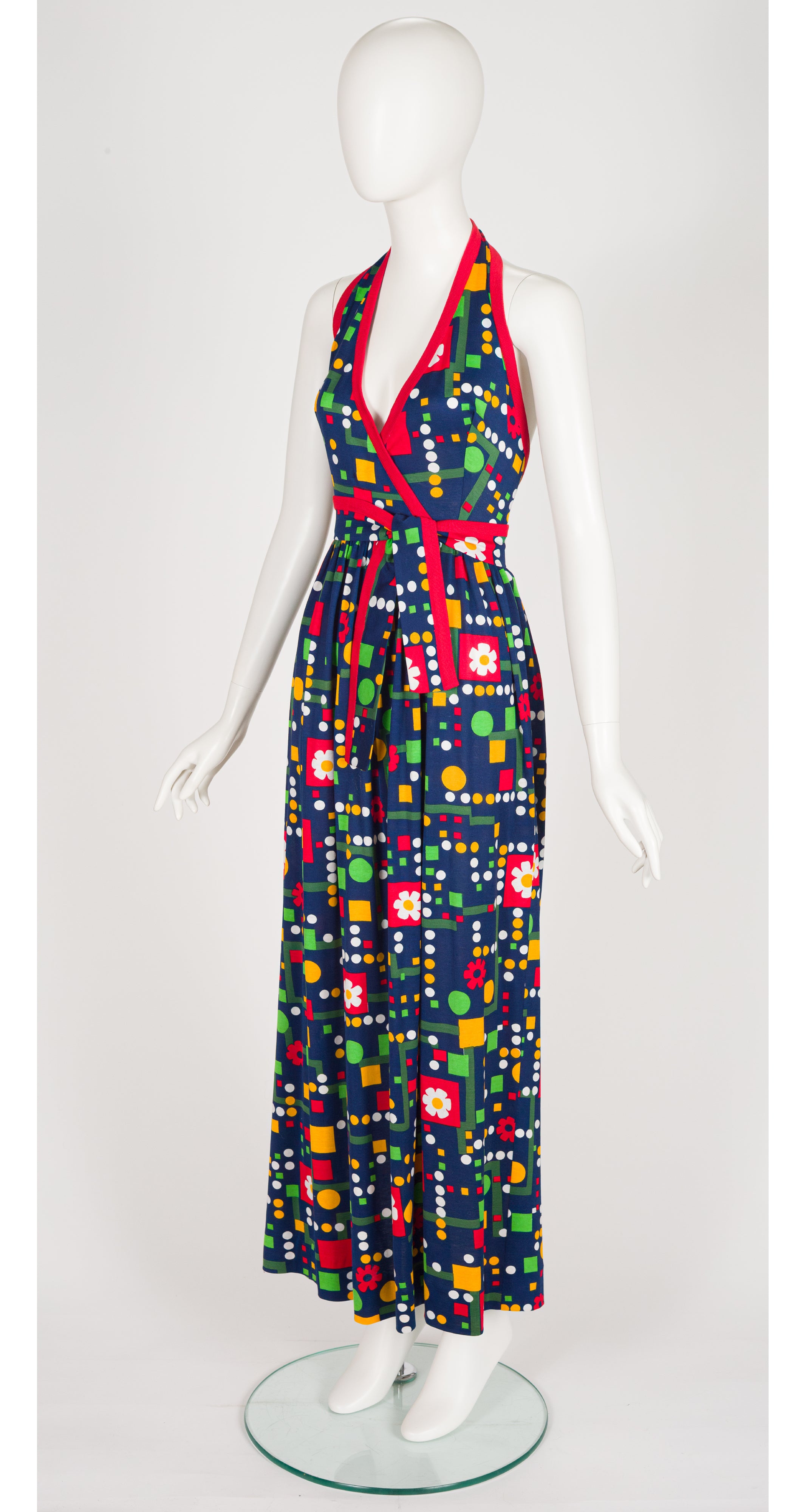 1970s Floral Geometric Print Cotton Jersey Halter Maxi Dress