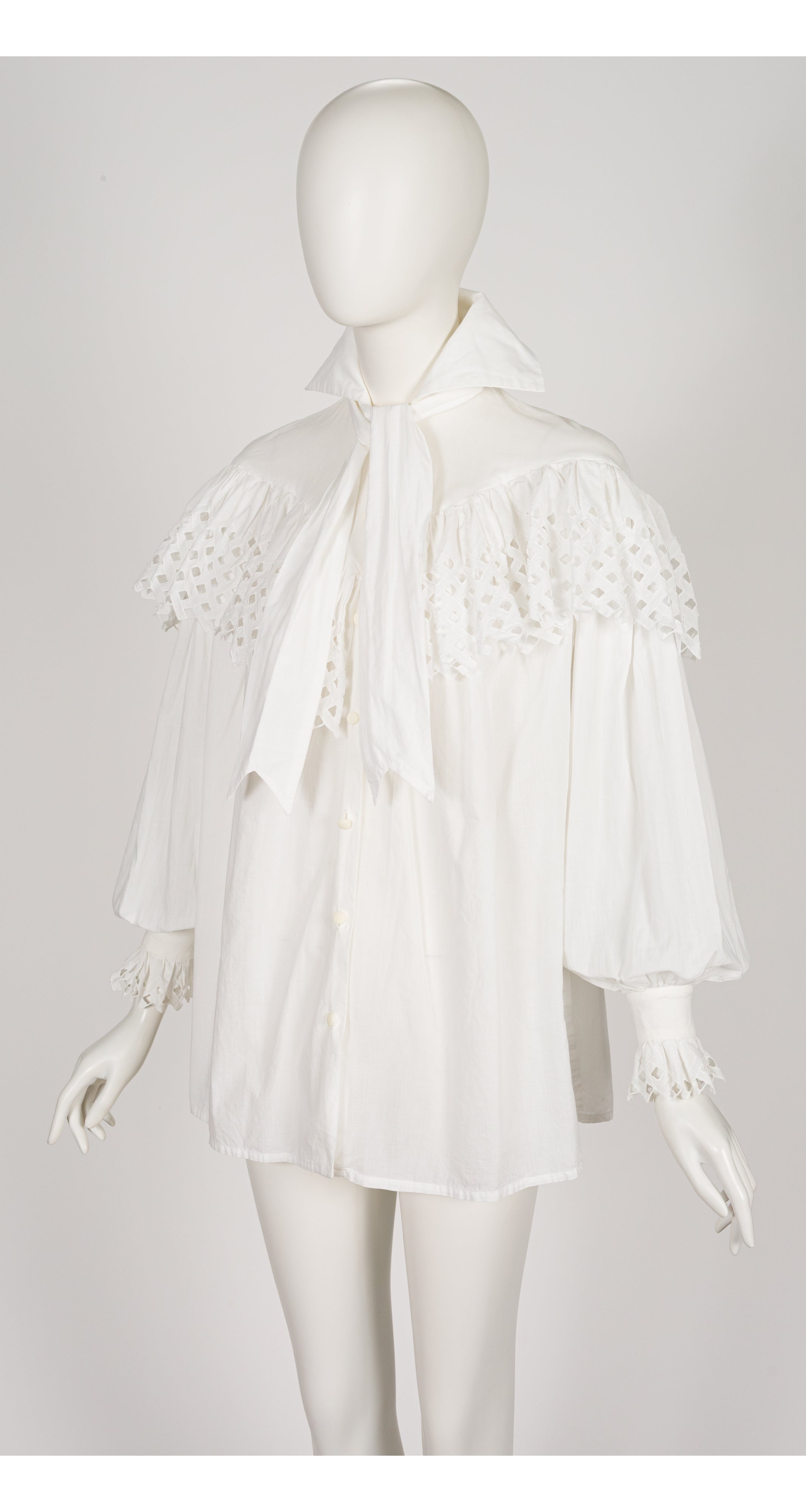 1983 S/S White Eyelet Cotton Ruffle Tie-Neck Blouse