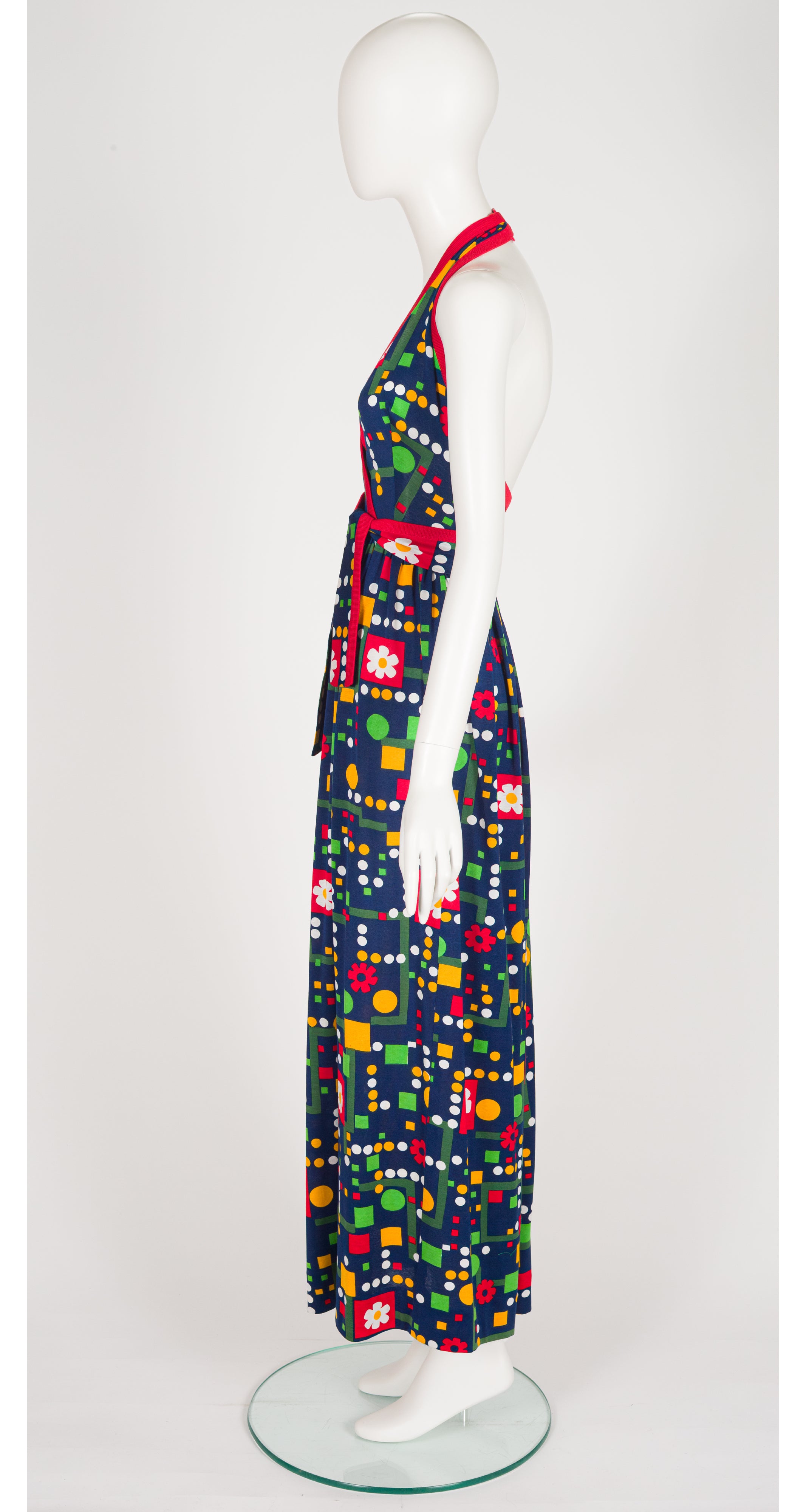 1970s Floral Geometric Print Cotton Jersey Halter Maxi Dress