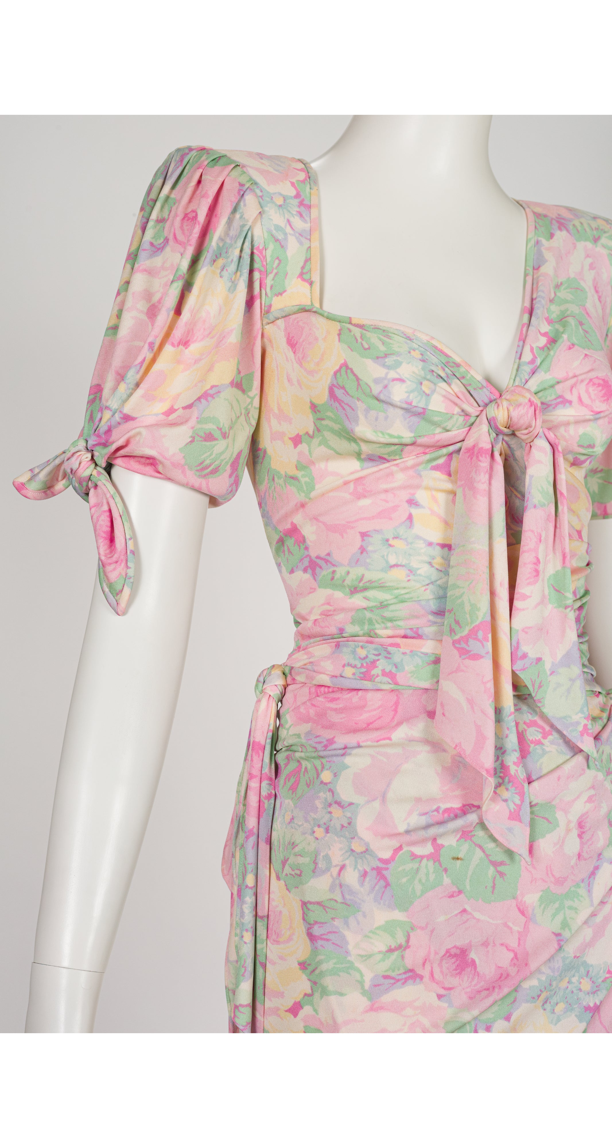1988 S/S Floral Pastel Silk Jersey Ruched Dress
