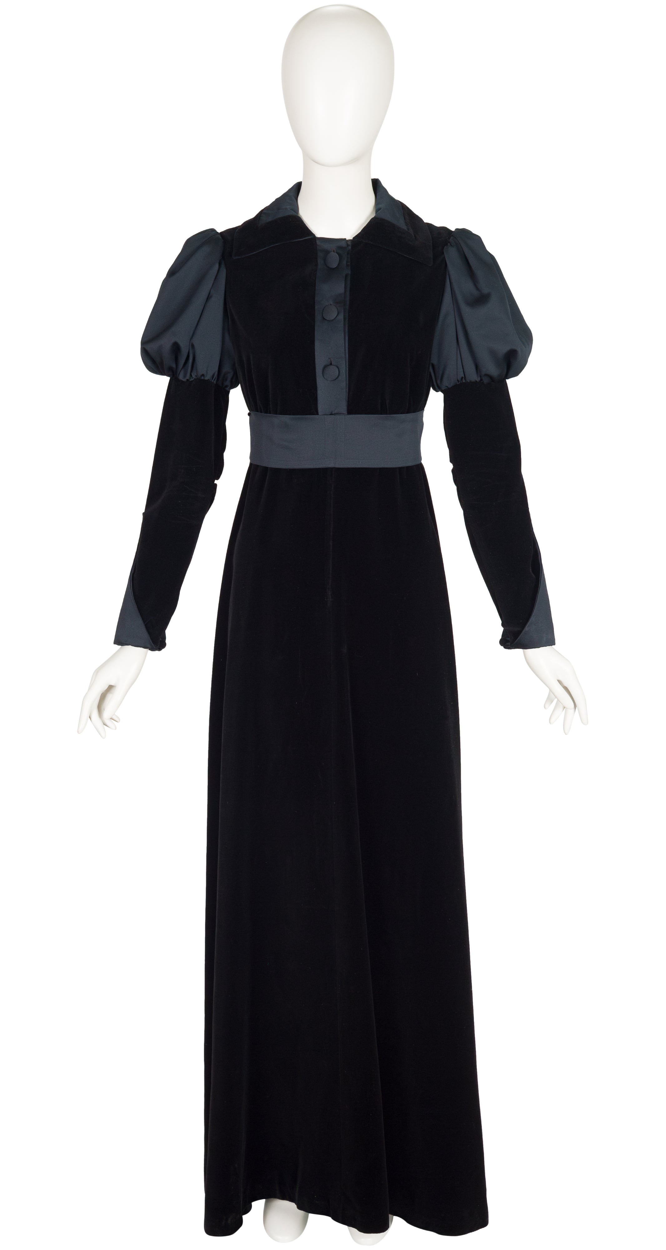 1970s Black Cotton Velvet Juliet Sleeve Maxi Dress