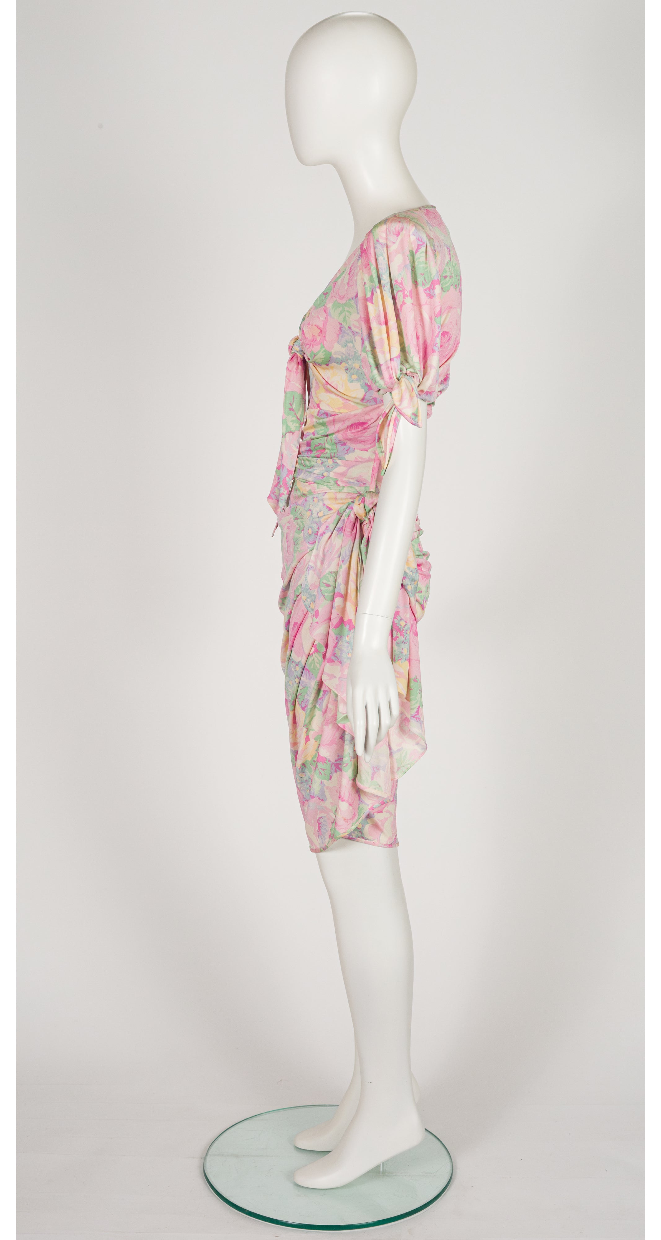 1988 S/S Floral Pastel Silk Jersey Ruched Dress