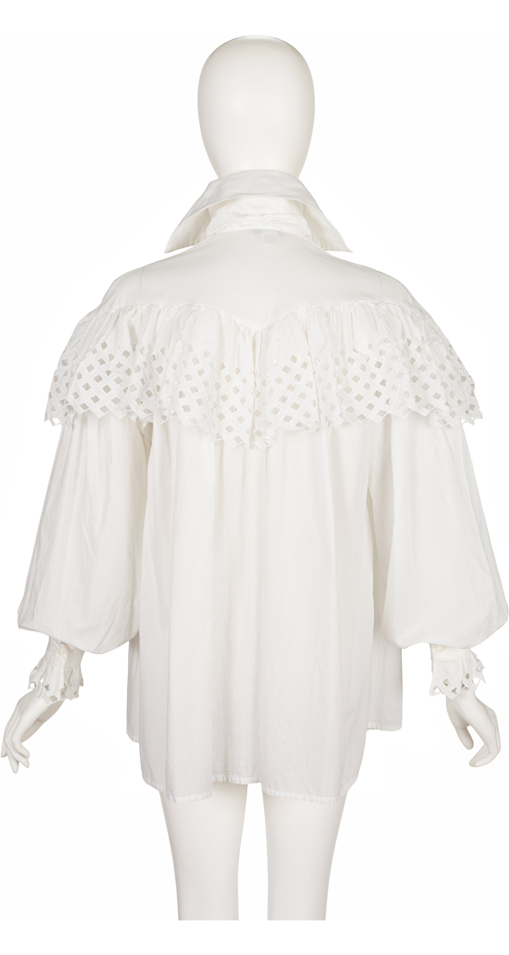 1983 S/S White Eyelet Cotton Ruffle Tie-Neck Blouse