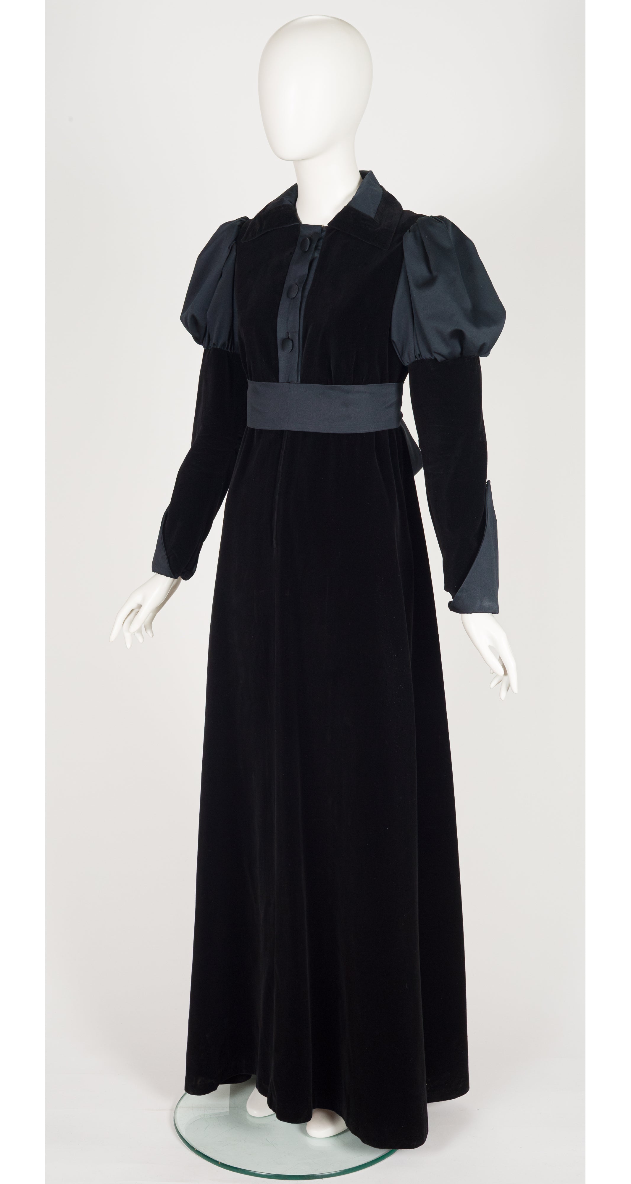 1970s Black Cotton Velvet Juliet Sleeve Maxi Dress