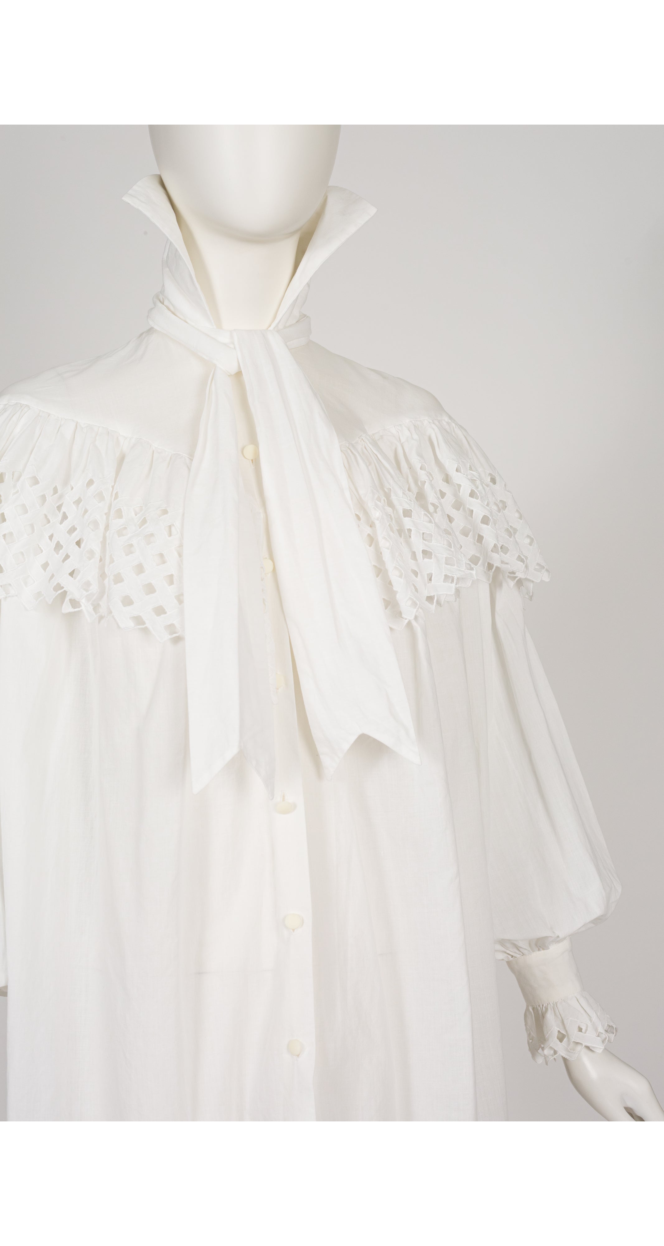 1983 S/S White Eyelet Cotton Ruffle Tie-Neck Blouse