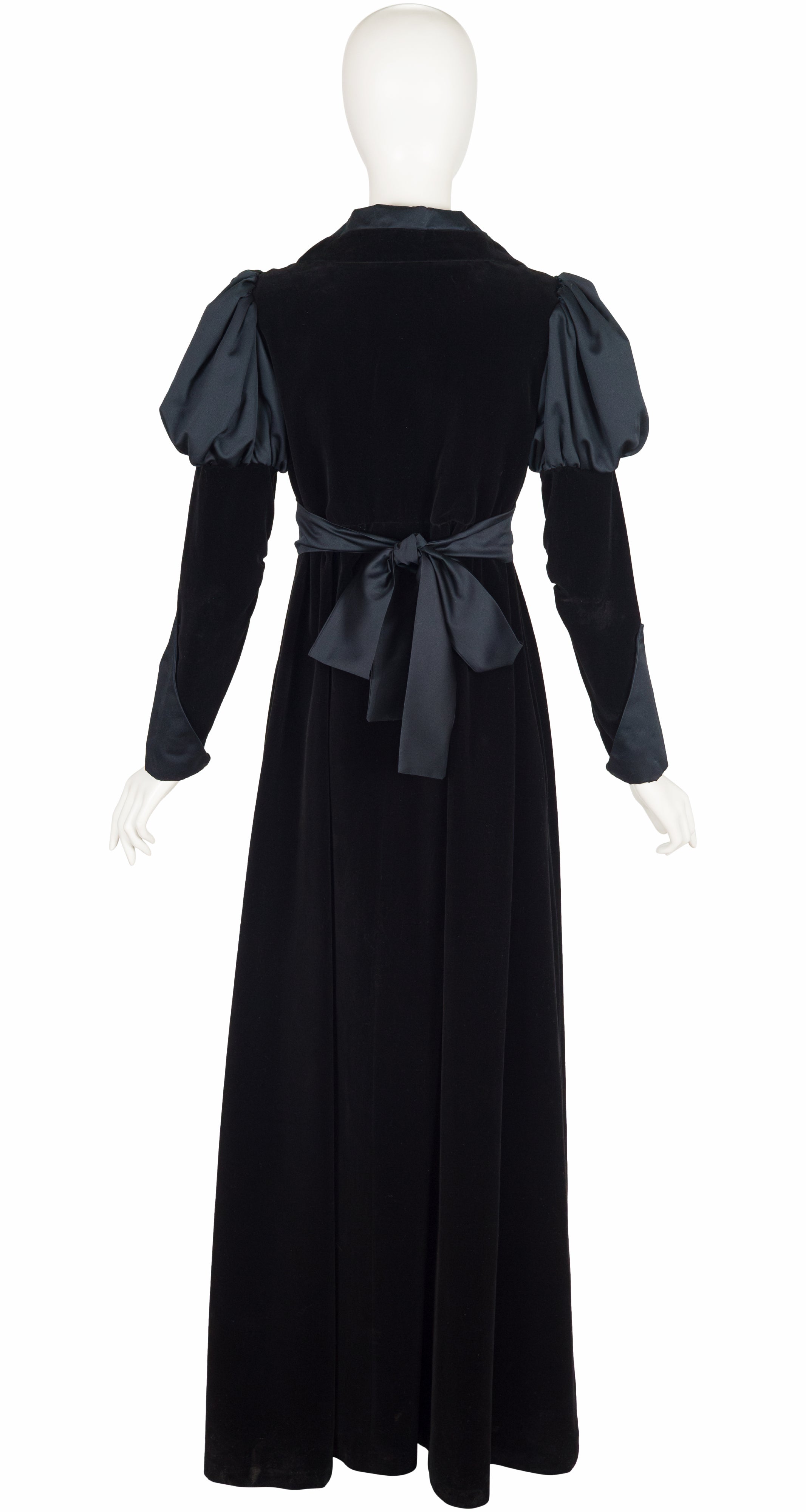 1970s Black Cotton Velvet Juliet Sleeve Maxi Dress