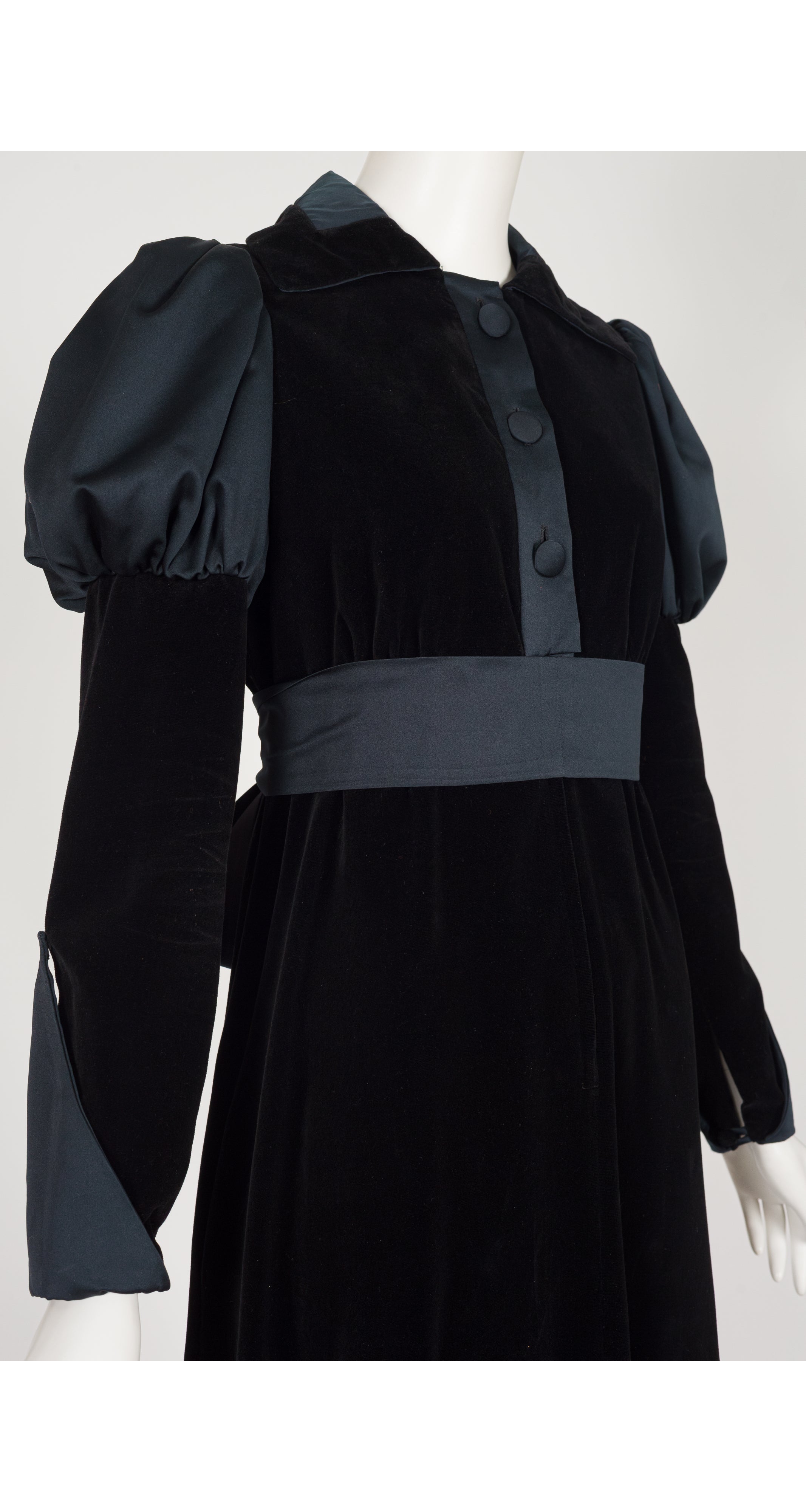 1970s Black Cotton Velvet Juliet Sleeve Maxi Dress