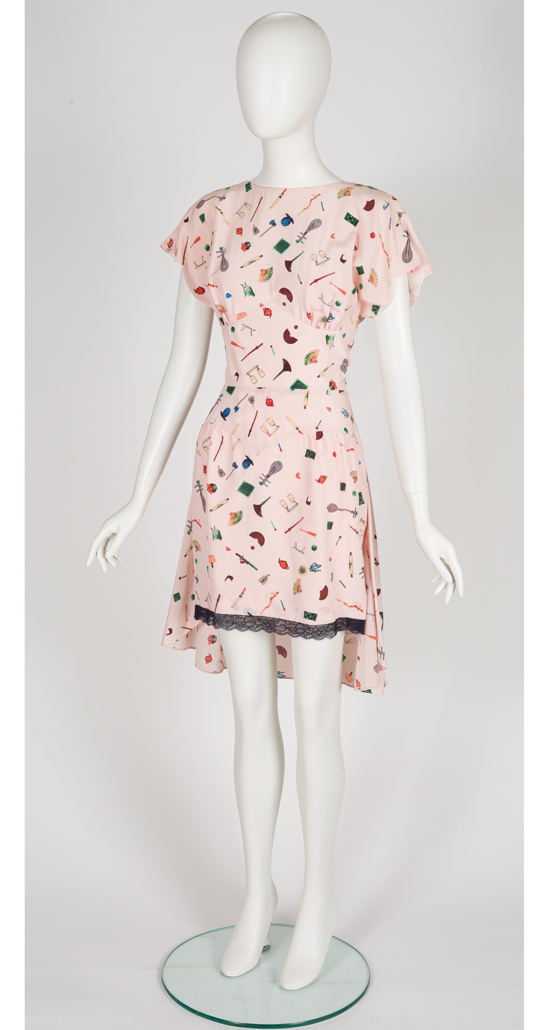1988 S/S Novelty Print Pink Silk Mini Dress