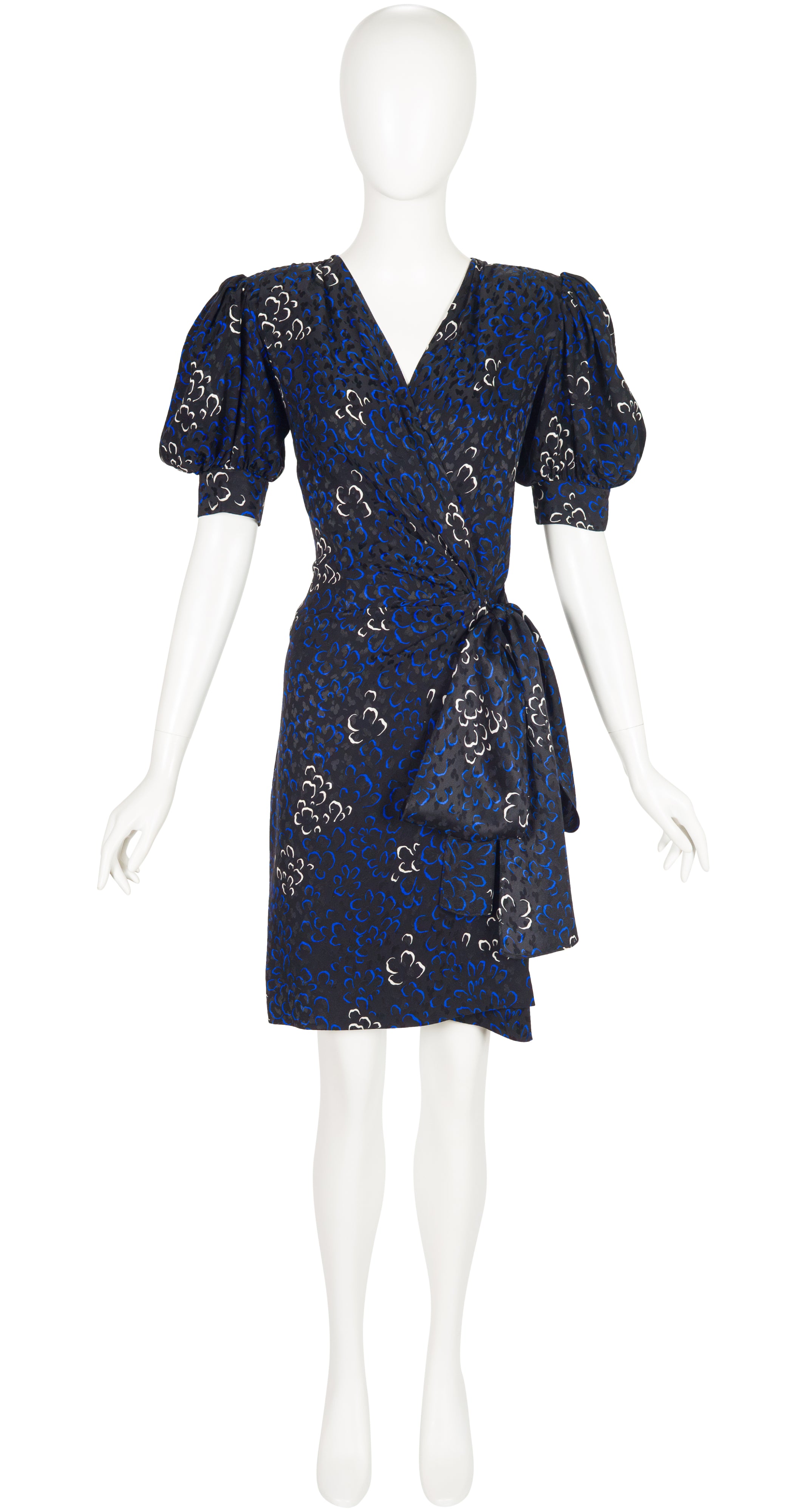 1985 S/S Black Silk Jacquard Puff Sleeve Wrap Dress