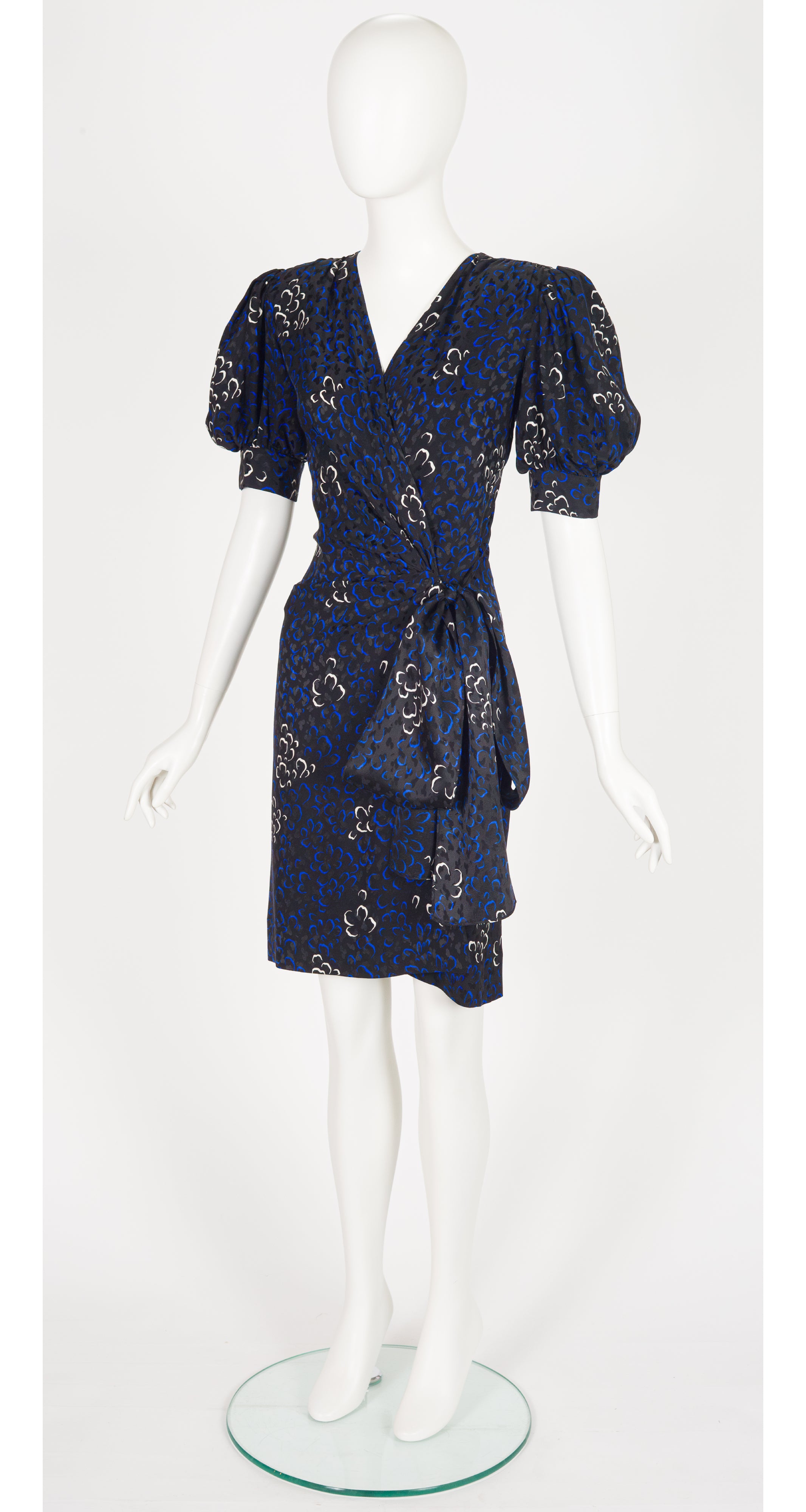 1985 S/S Black Silk Jacquard Puff Sleeve Wrap Dress