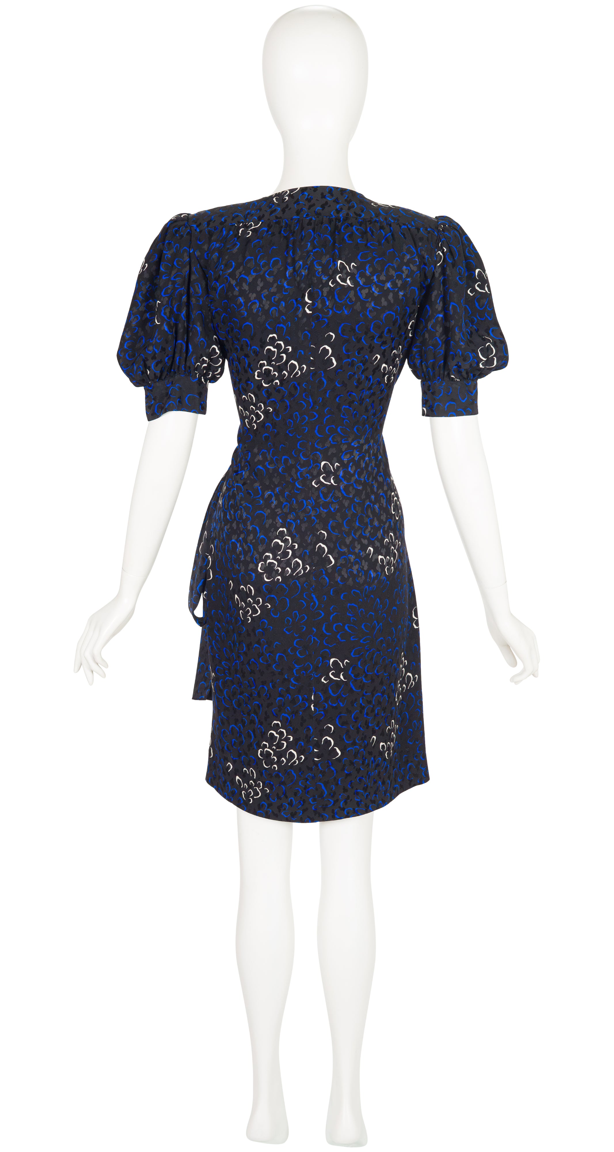 1985 S/S Black Silk Jacquard Puff Sleeve Wrap Dress