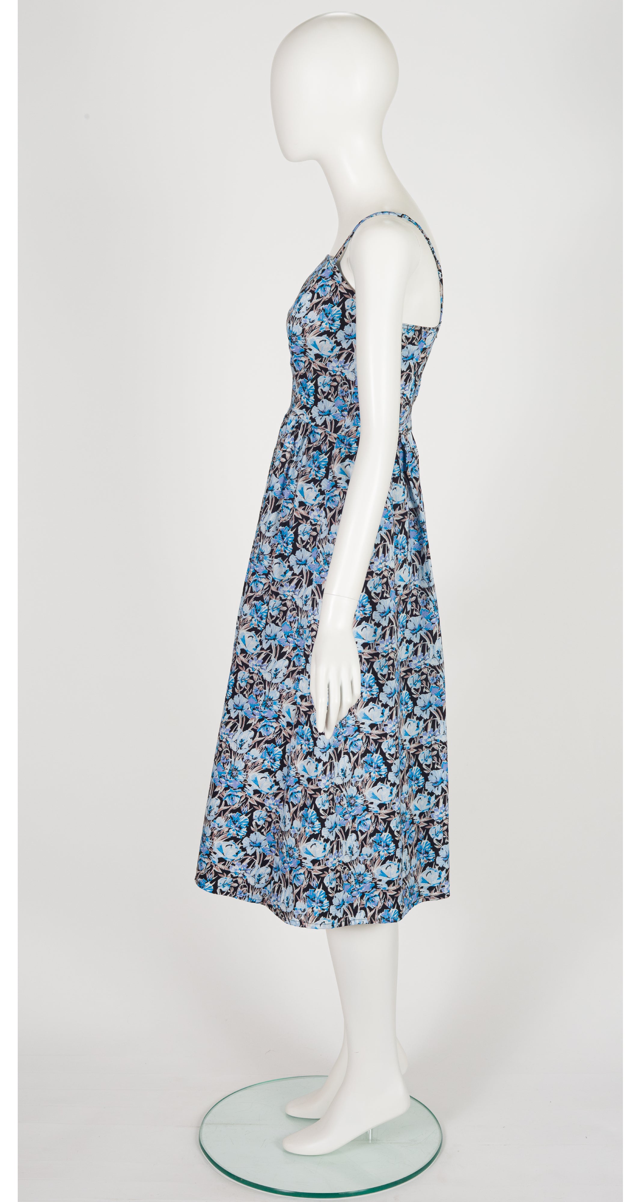 1970s Blue Floral Cotton Fit & Flare Dress