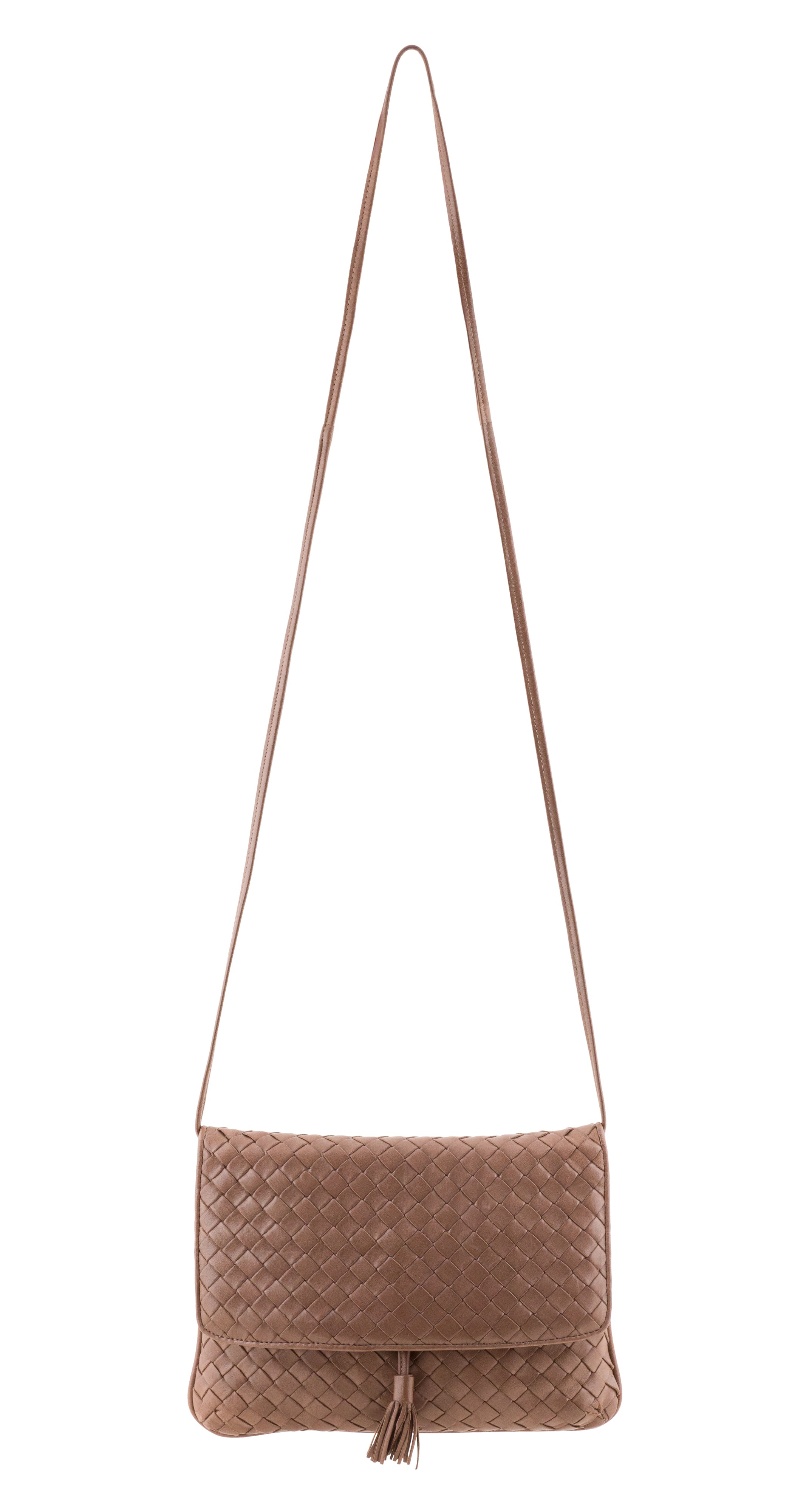 1980s "Intrecciato" Taupe Leather Tassel Flap Crossbody Bag