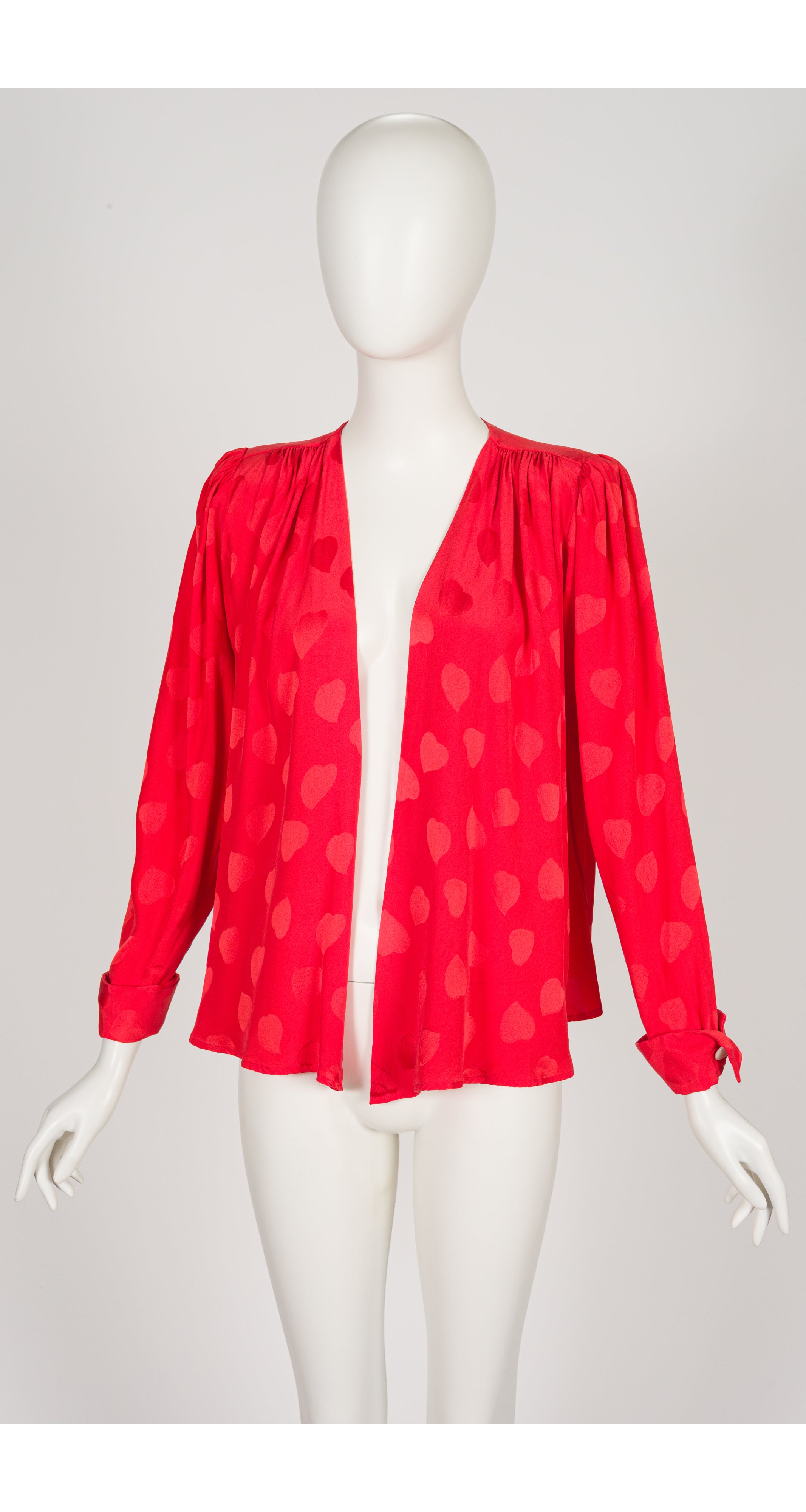 1980s Red Heart Print Silk Jacquard Wrap Blouse