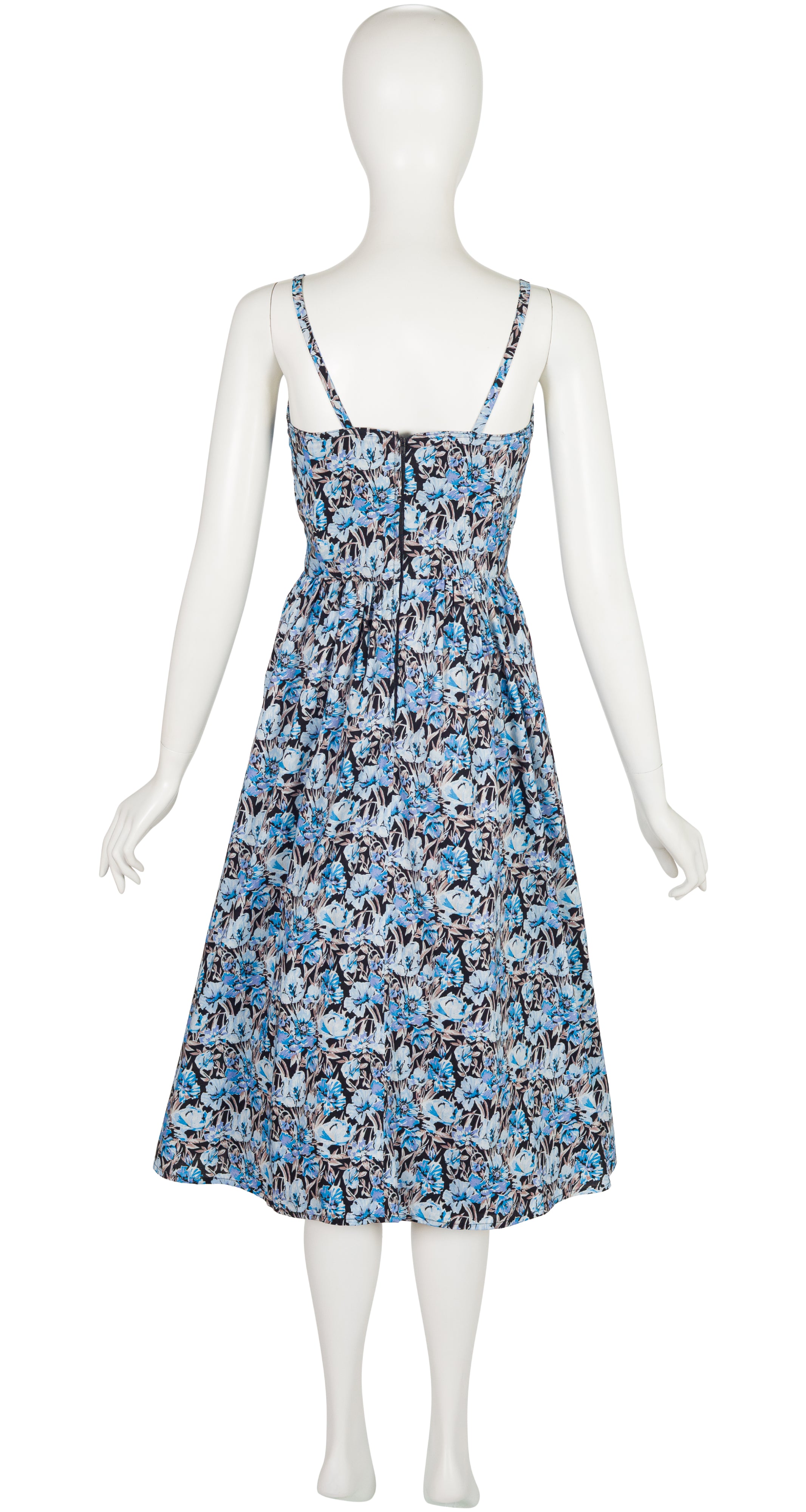 1970s Blue Floral Cotton Fit & Flare Dress