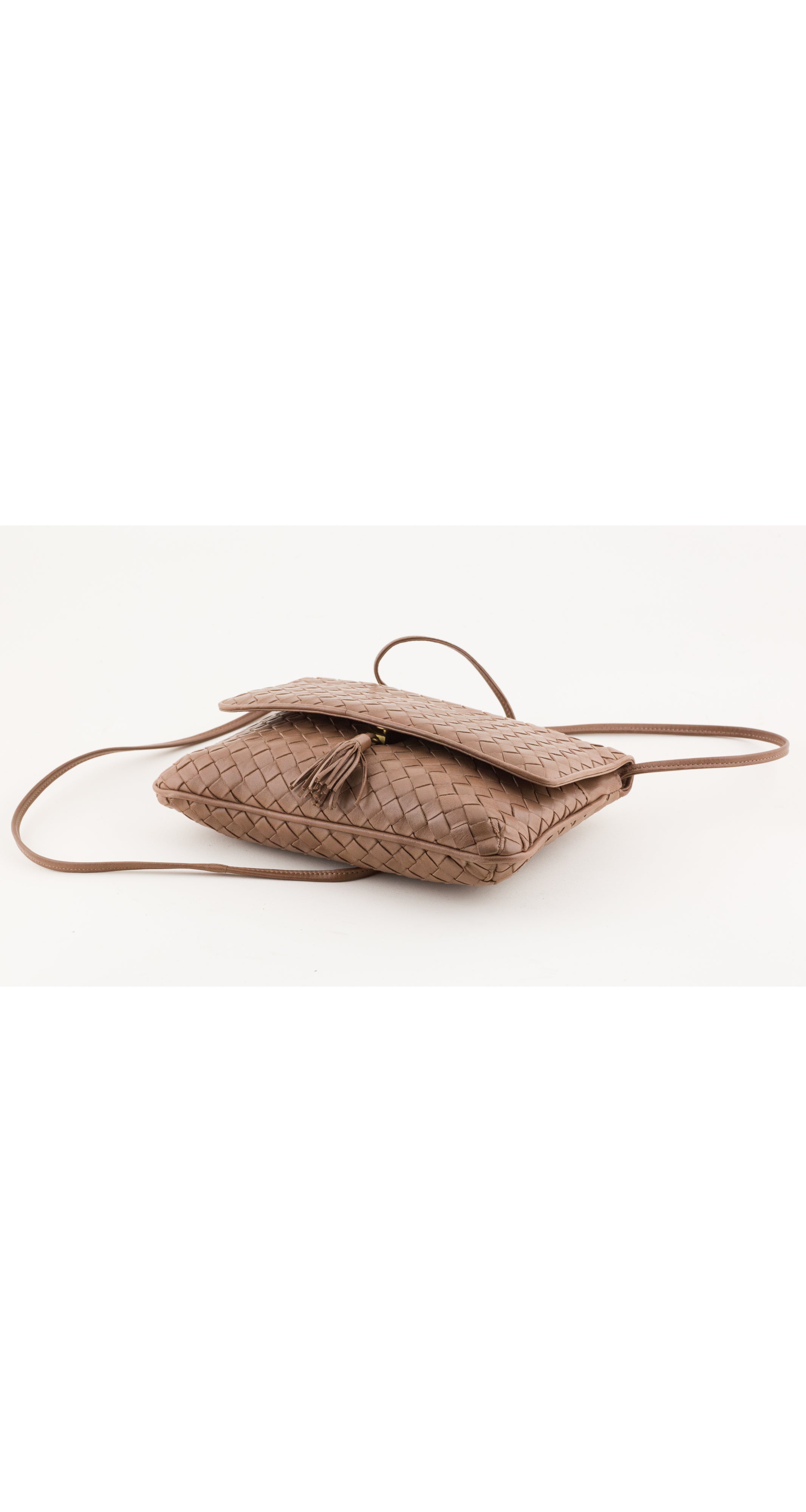 1980s "Intrecciato" Taupe Leather Tassel Flap Crossbody Bag