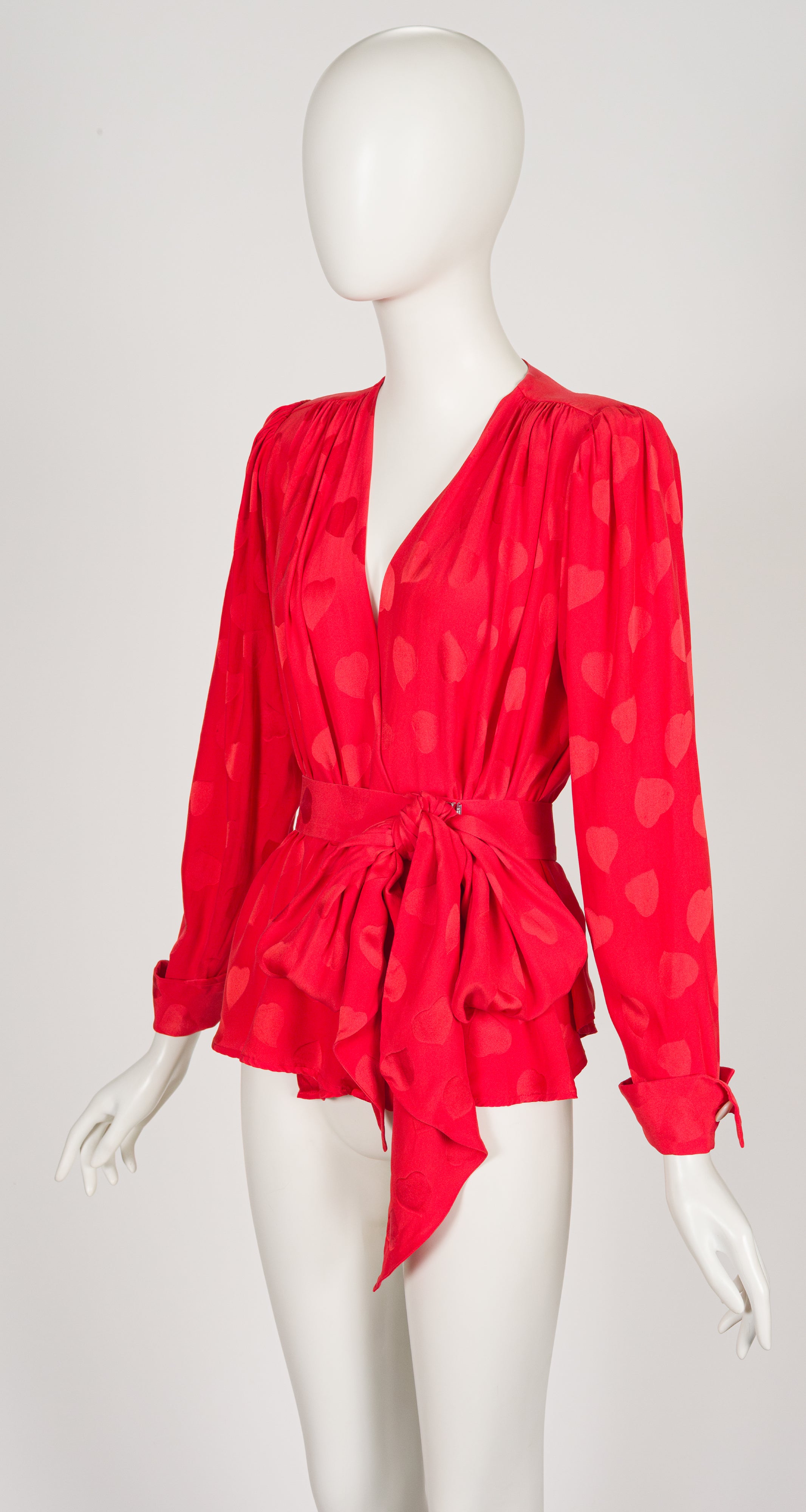 1980s Red Heart Print Silk Jacquard Wrap Blouse