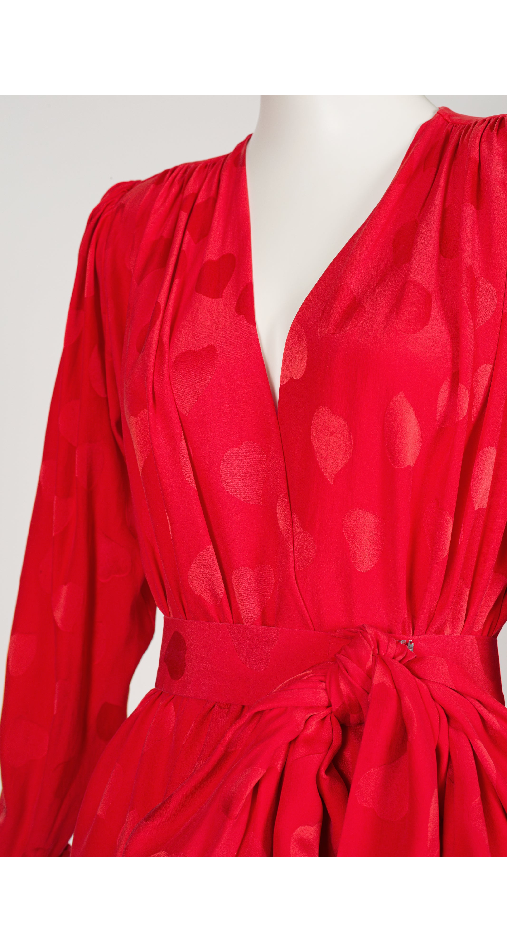 1980s Red Heart Print Silk Jacquard Wrap Blouse