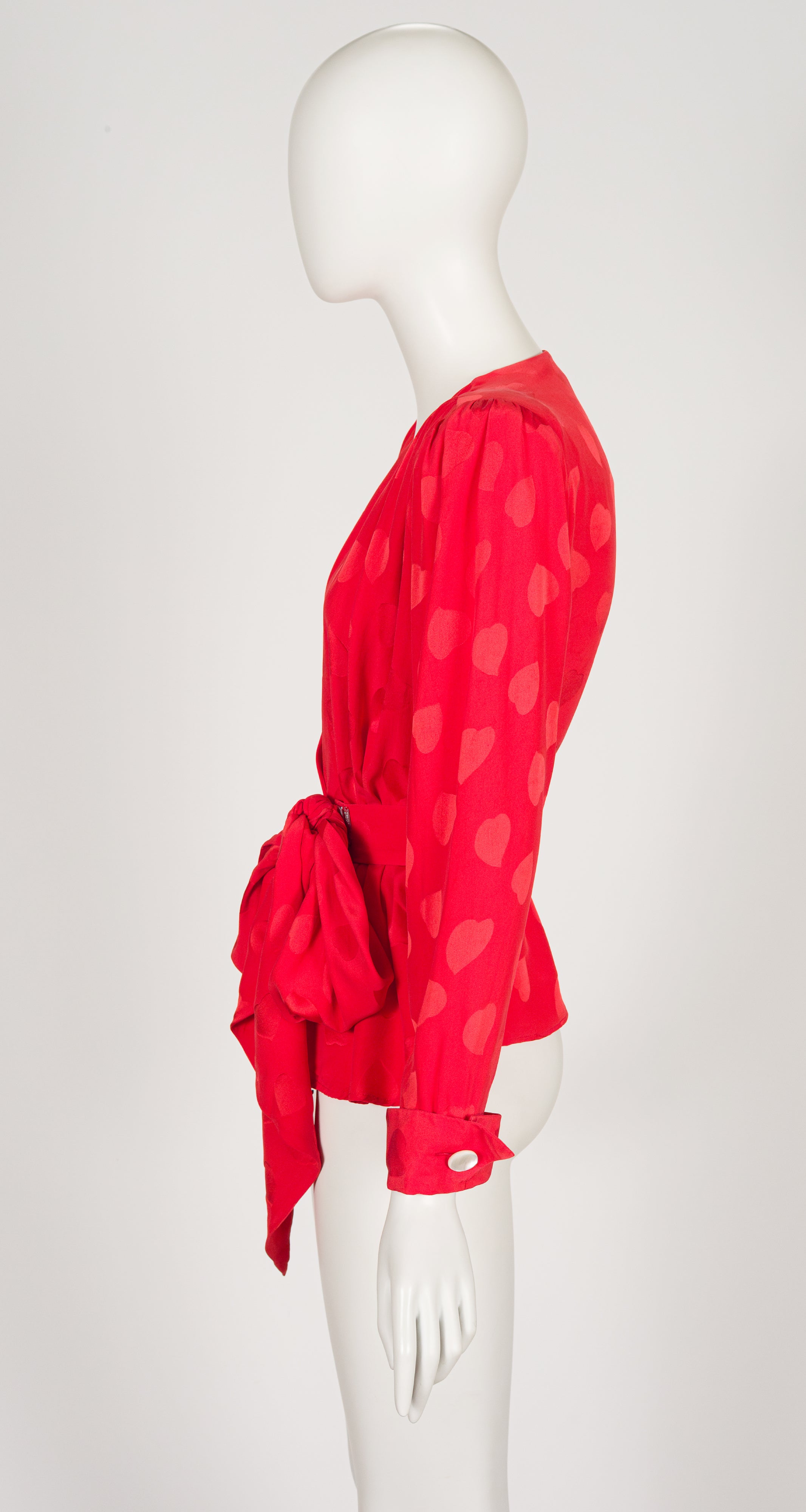 1980s Red Heart Print Silk Jacquard Wrap Blouse