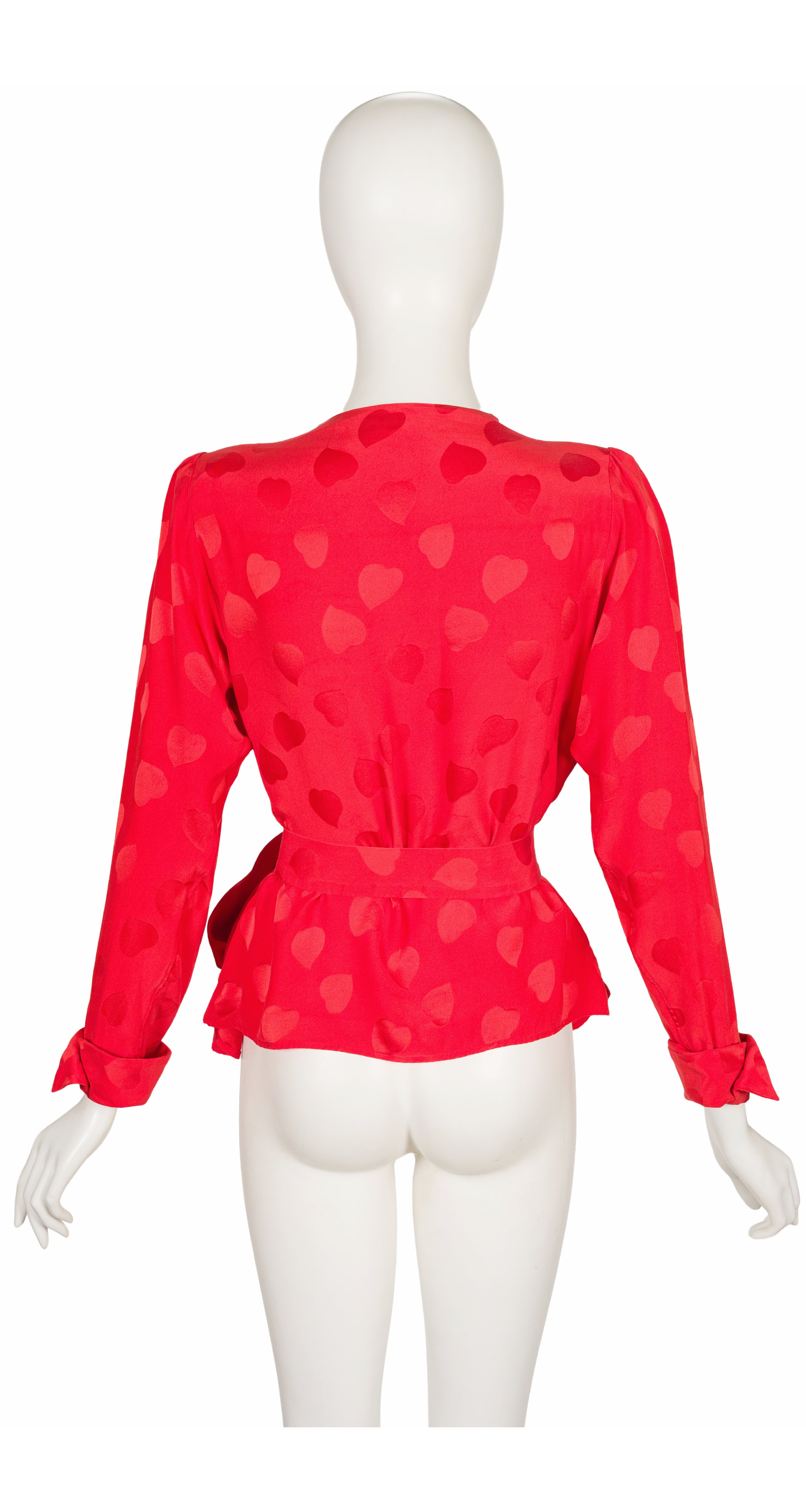 1980s Red Heart Print Silk Jacquard Wrap Blouse