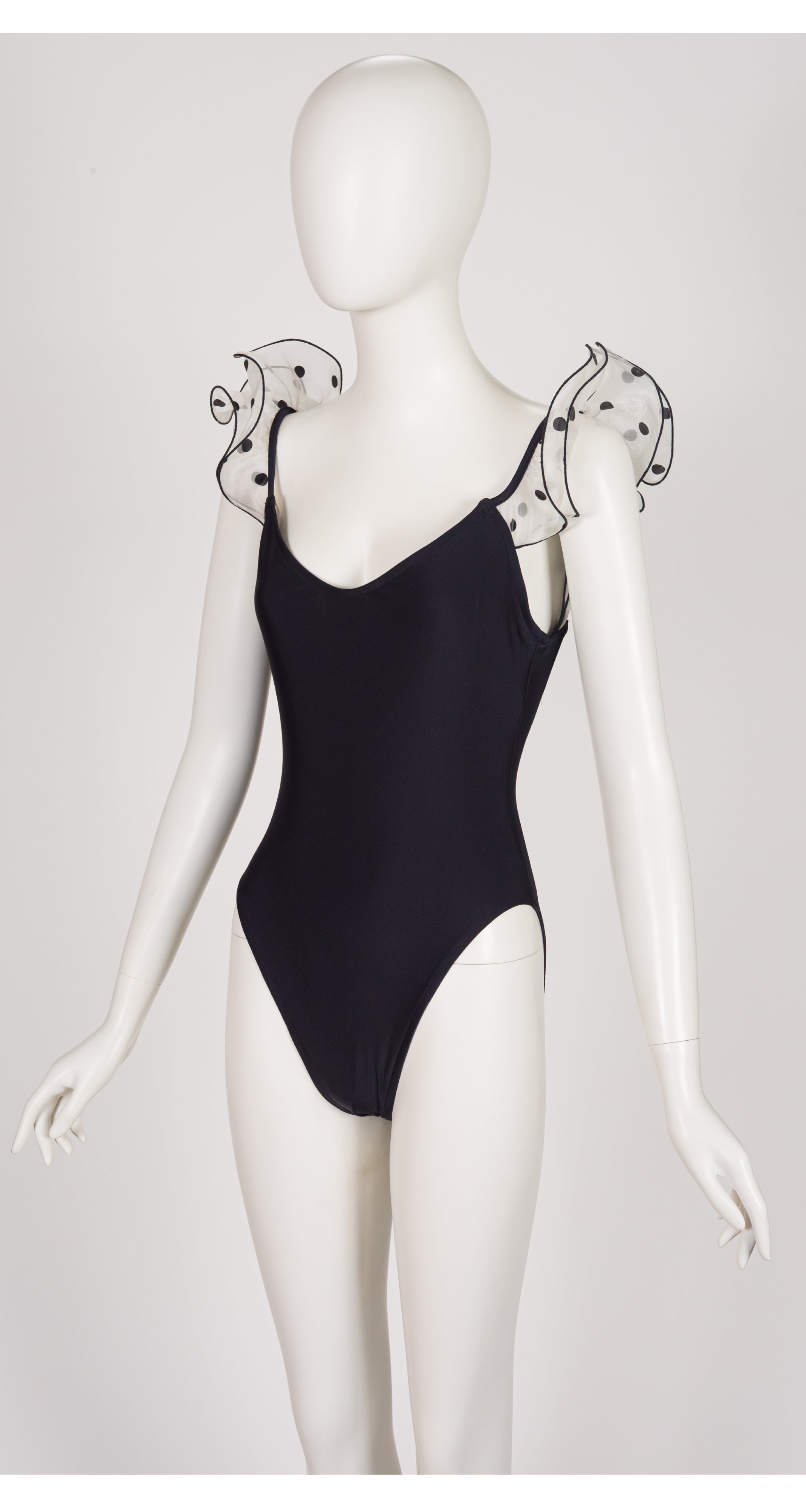 1980s Polka Dot Ruffle Strap Black One-Piece Swimsuit