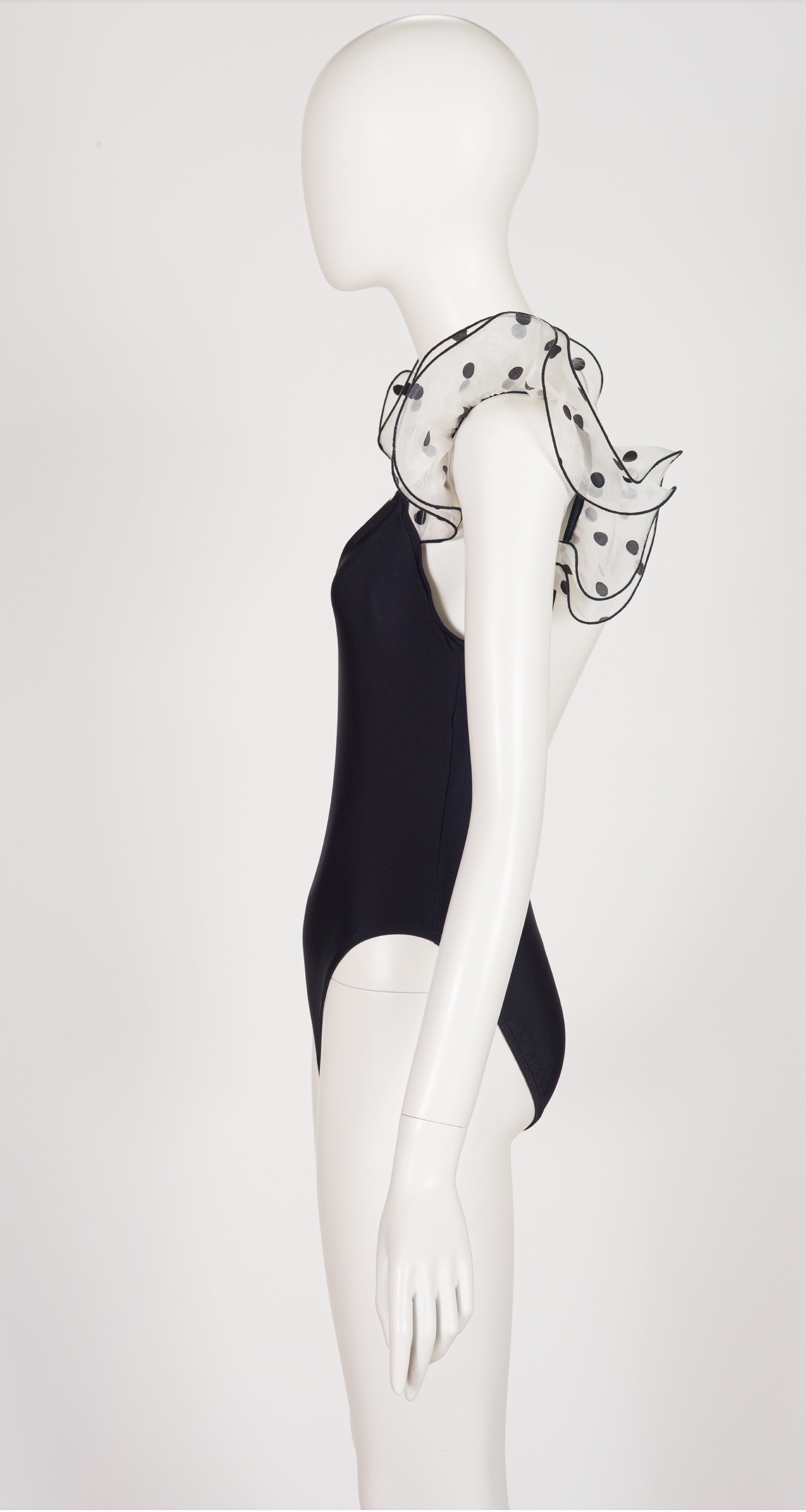 1980s Polka Dot Ruffle Strap Black One-Piece Swimsuit