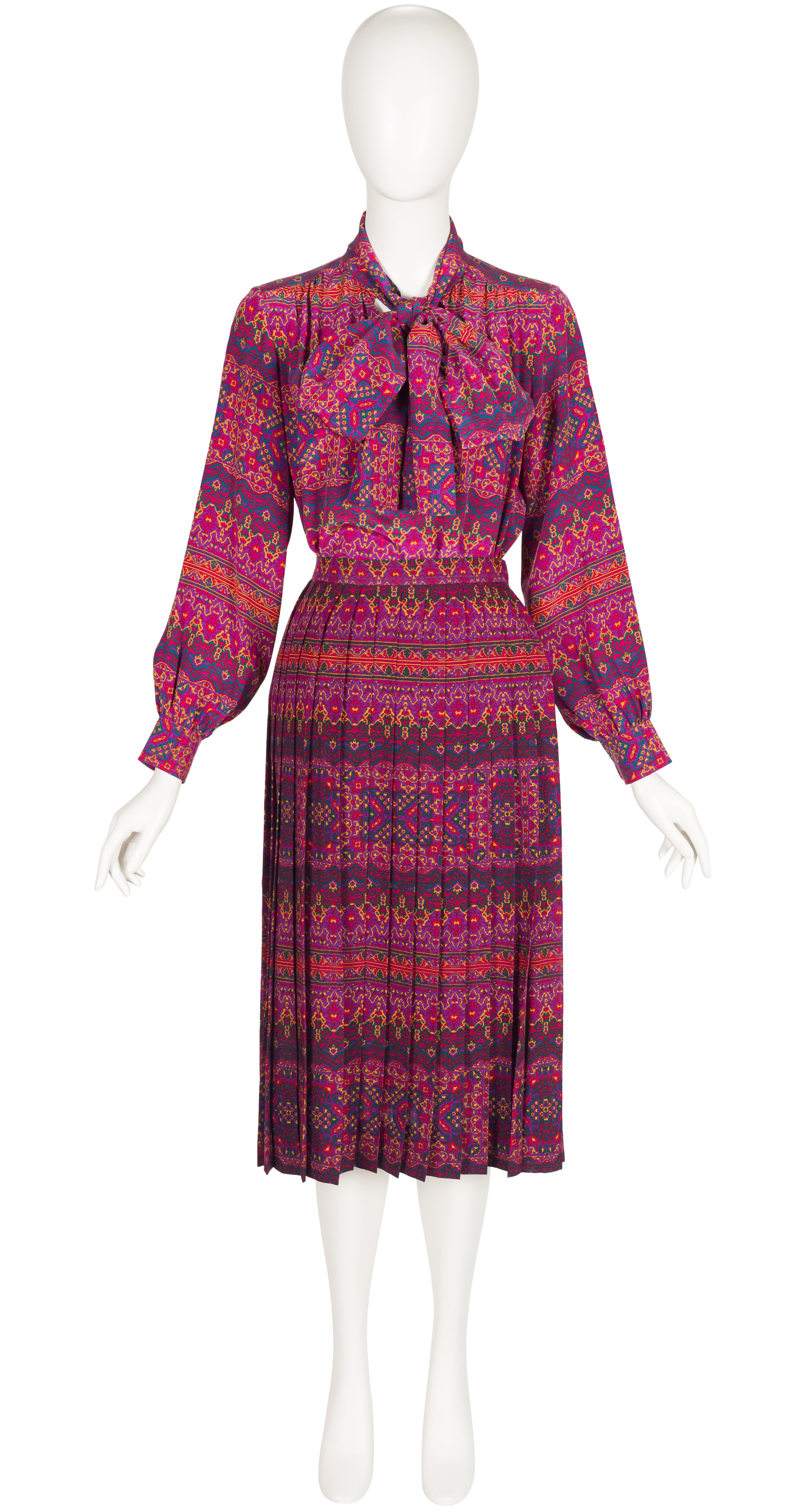 1983-84 F/W Printed Magenta Silk Blouse & Wool Skirt Set
