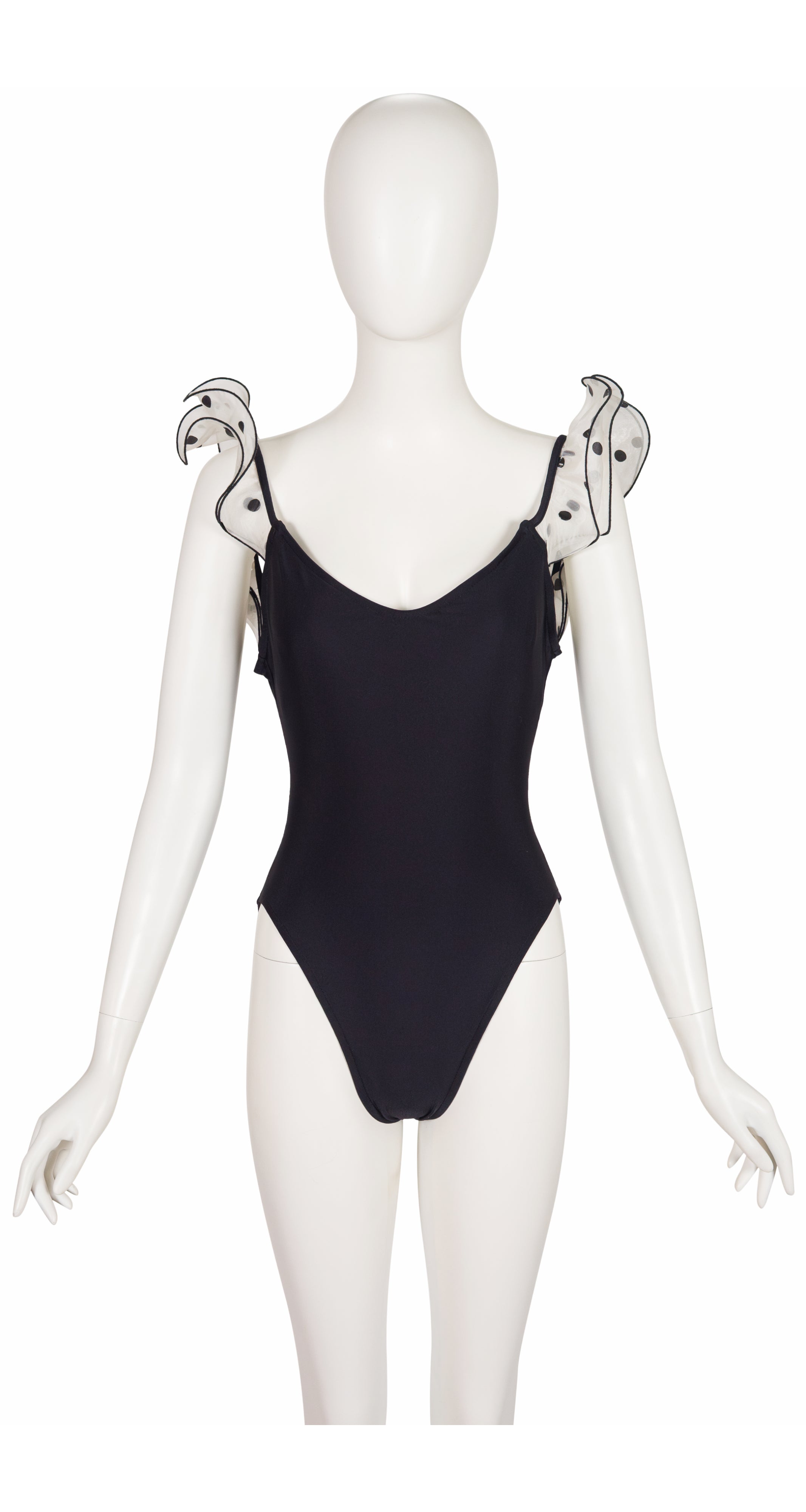 1980s Polka Dot Ruffle Strap Black One-Piece Swimsuit