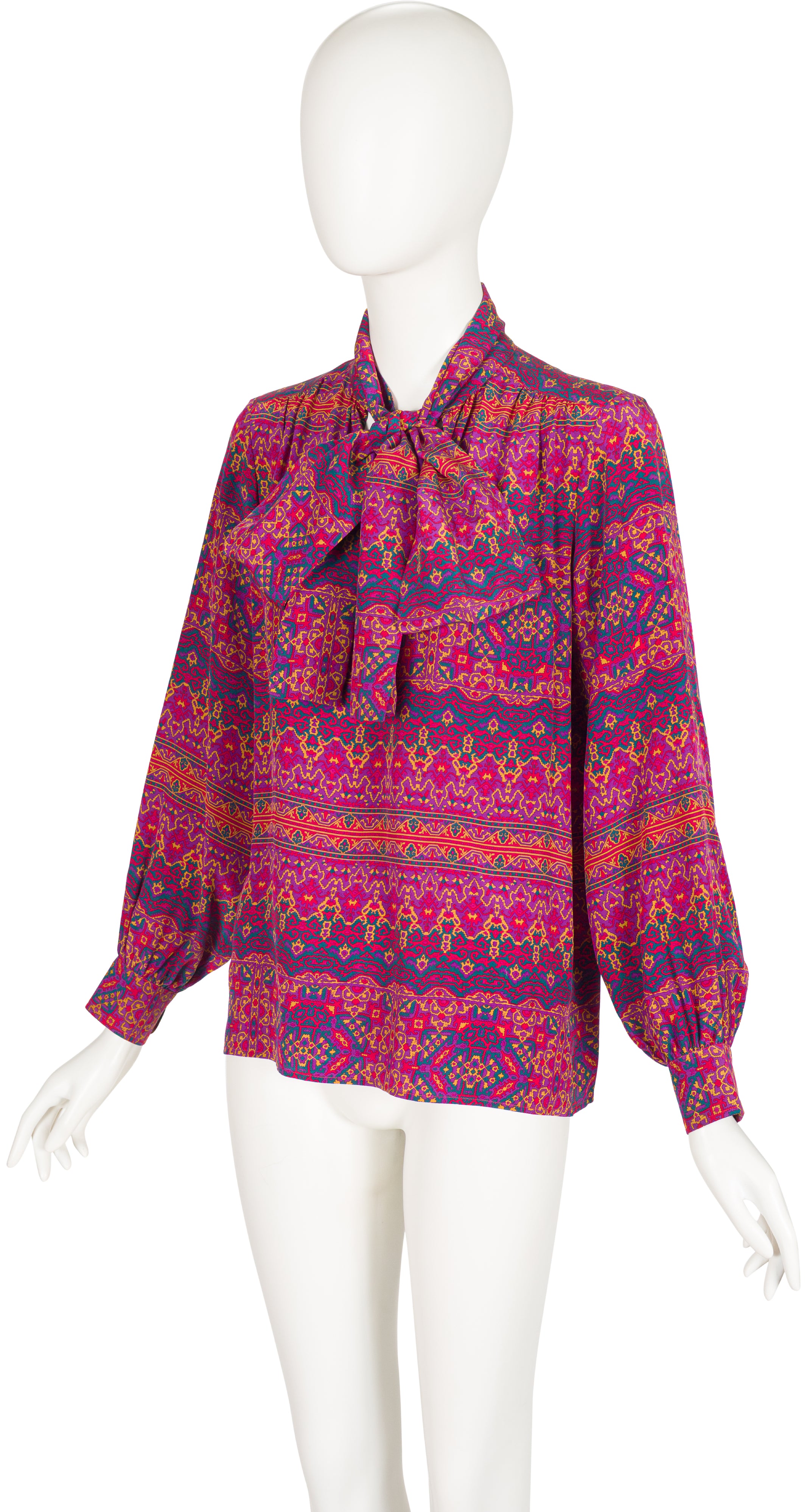 1983-84 F/W Printed Magenta Silk Blouse & Wool Skirt Set