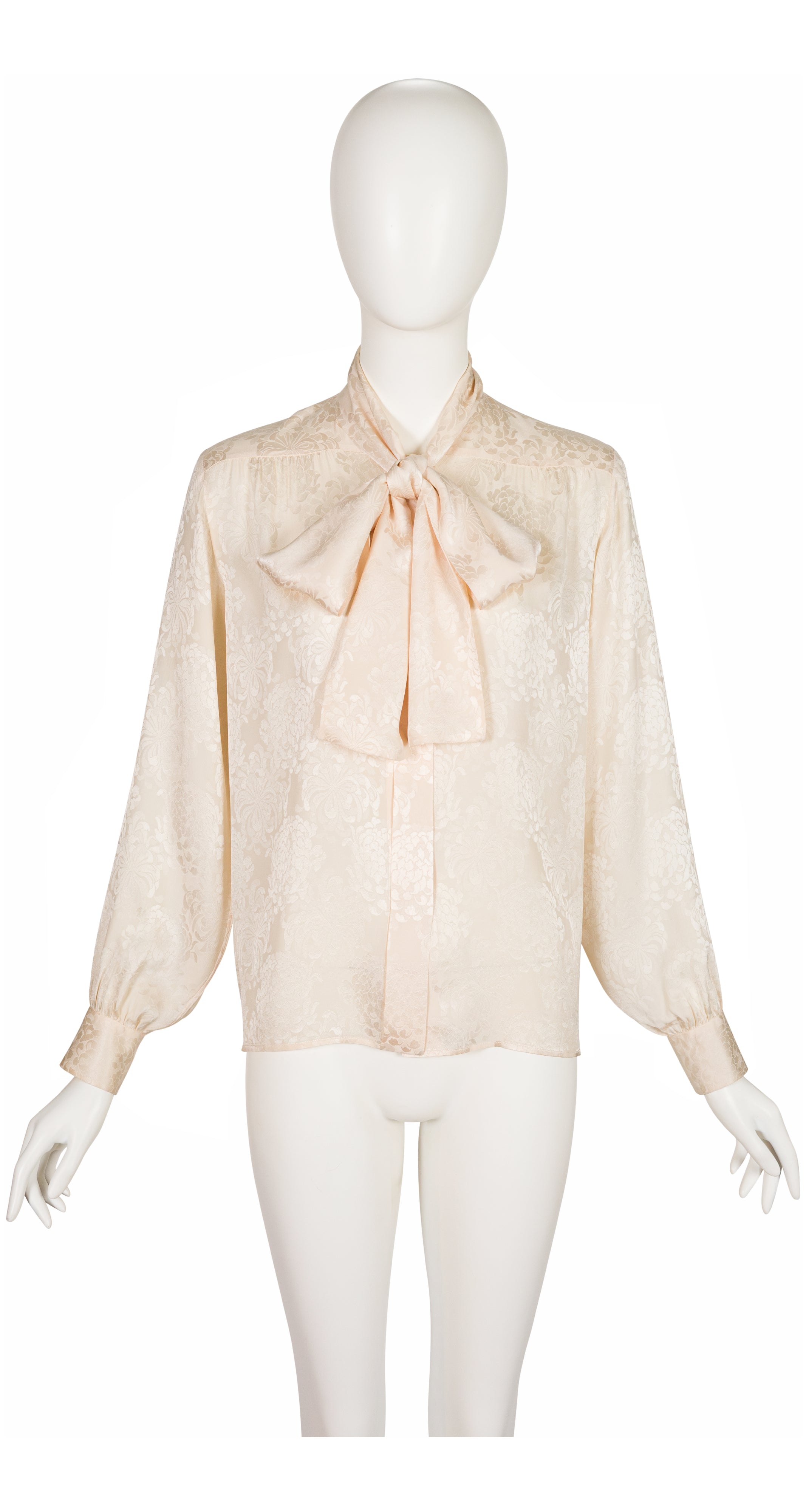 1970s Peony Print Cream Silk Jacquard Tie-Neck Blouse