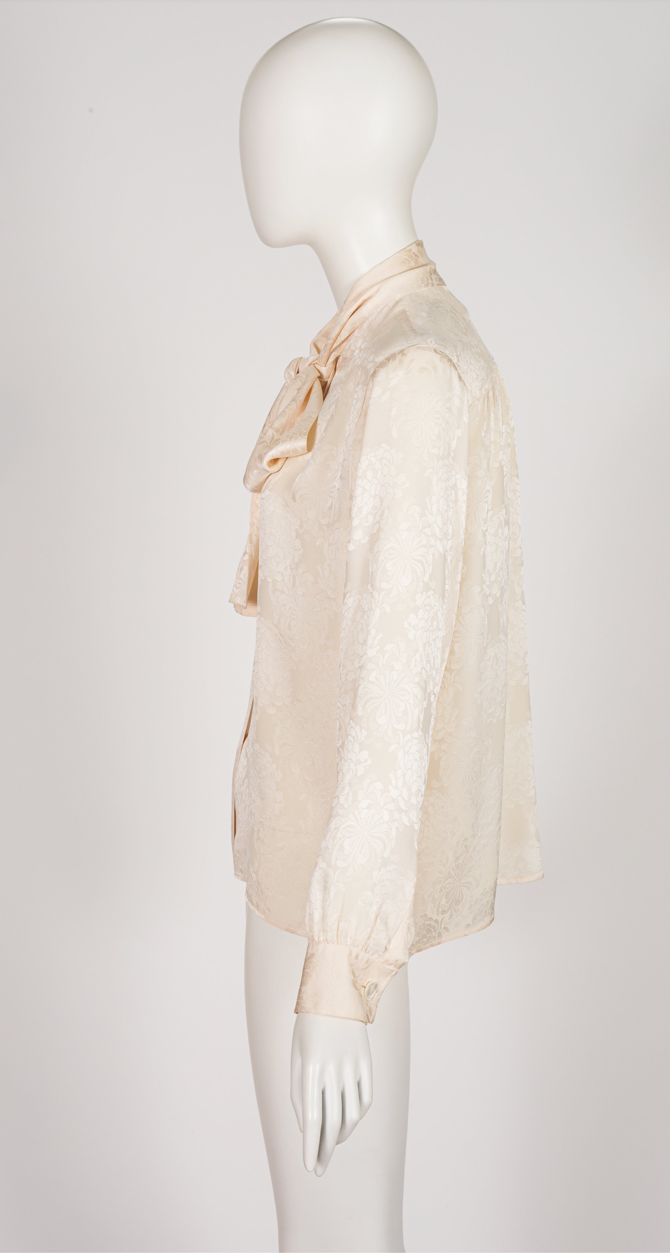 1970s Peony Print Cream Silk Jacquard Tie-Neck Blouse