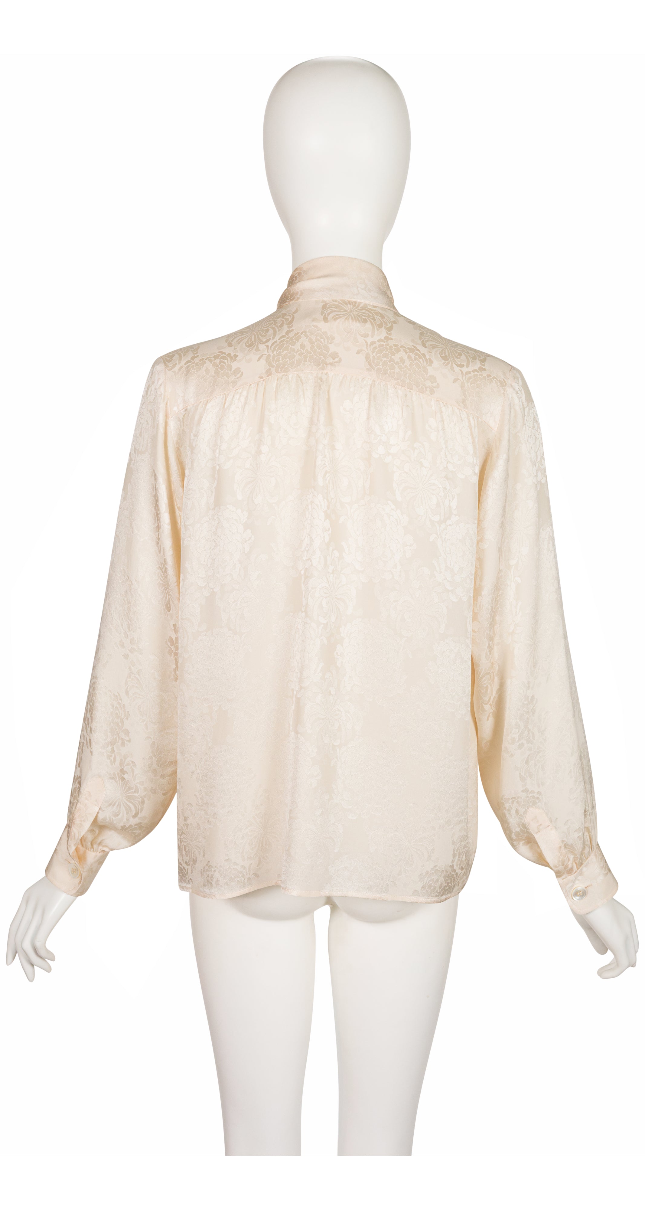 1970s Peony Print Cream Silk Jacquard Tie-Neck Blouse