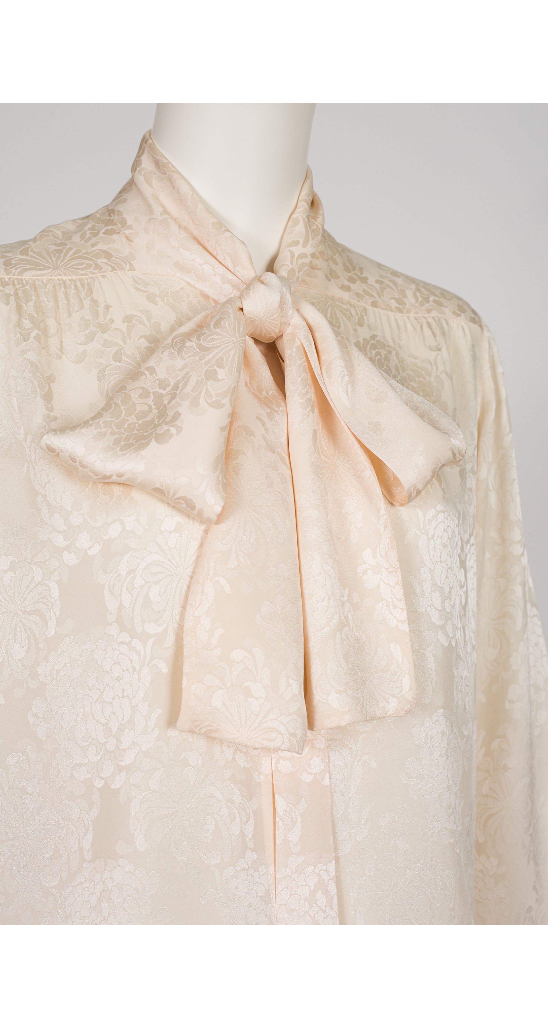 1970s Peony Print Cream Silk Jacquard Tie-Neck Blouse