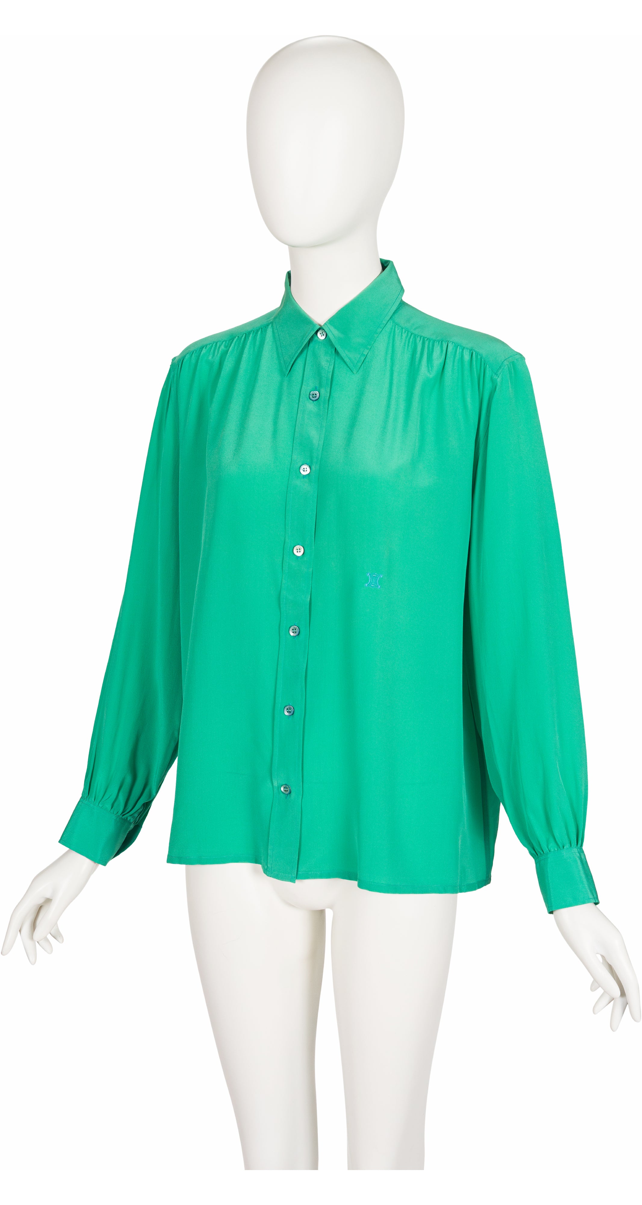 1970s Logo Green Silk Tie-Neck Collared Blouse