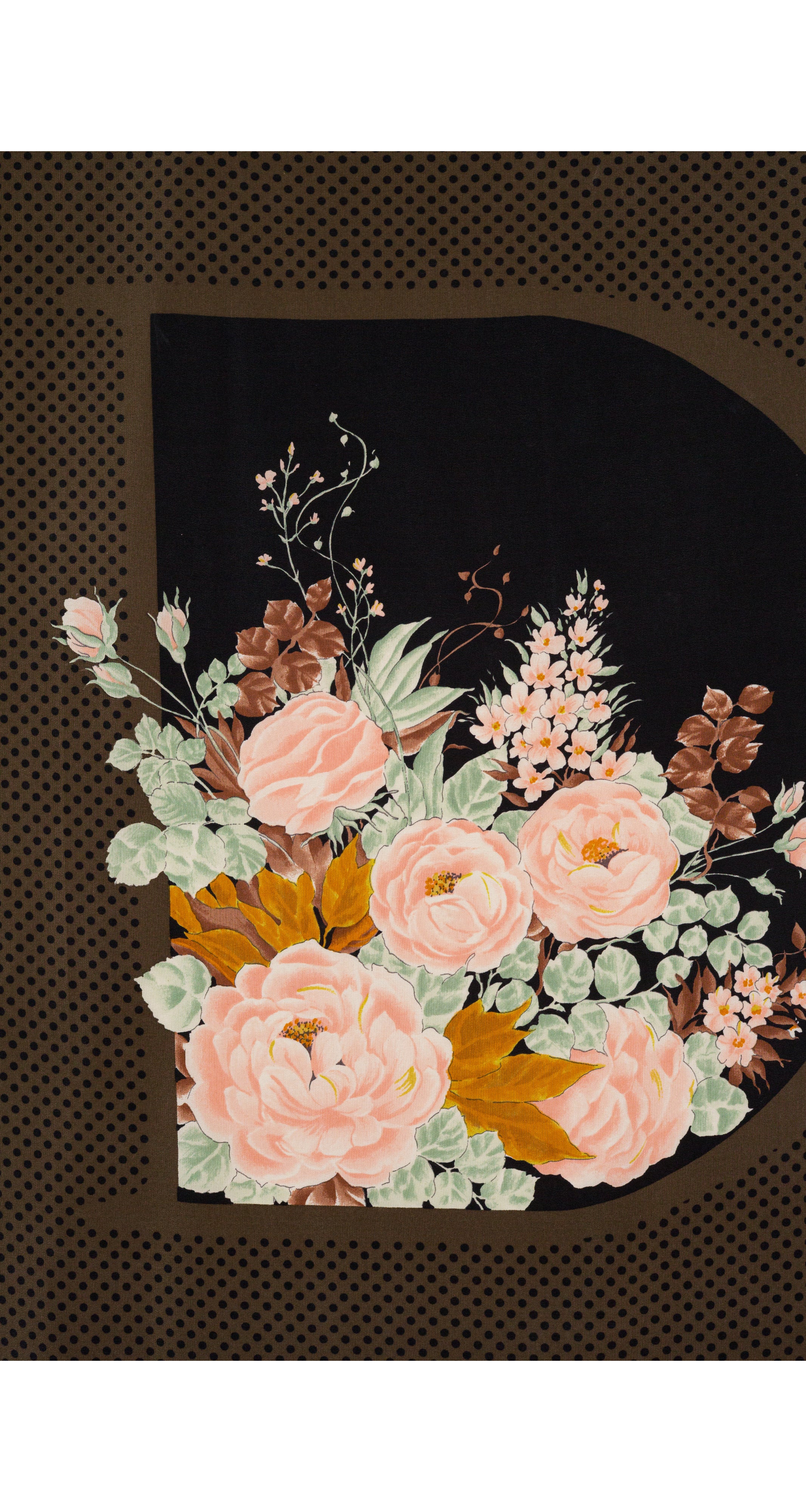1980s "D" Floral Bouquet Print Brown Silk Scarf