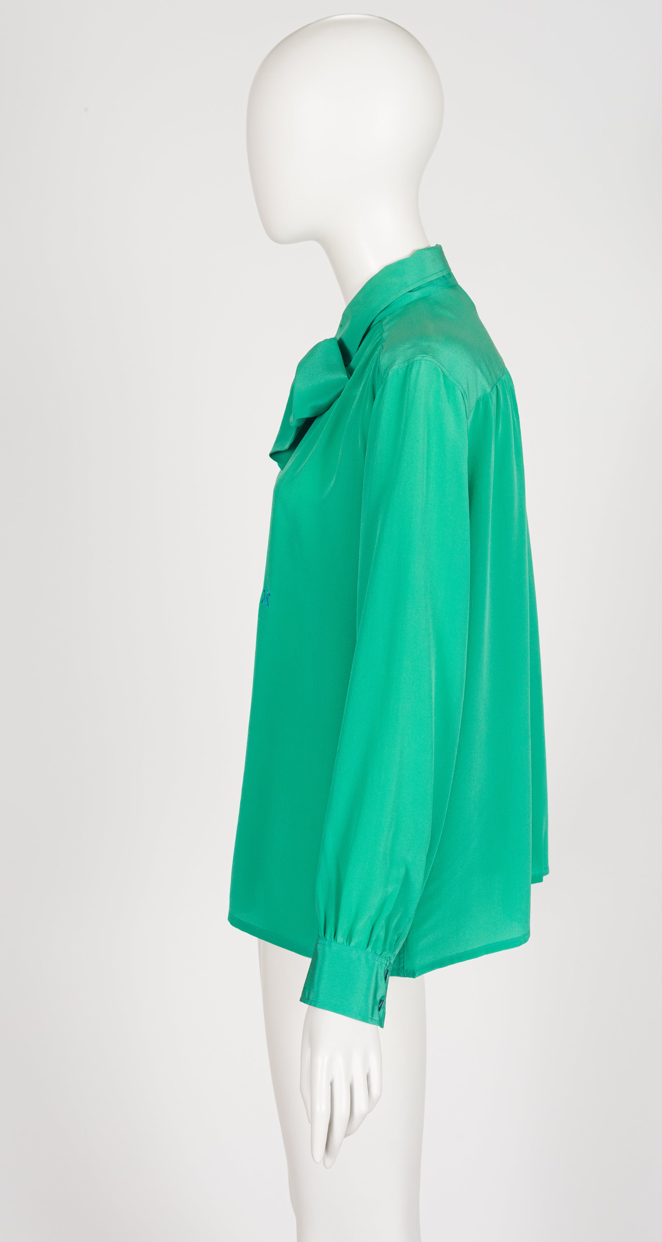 1970s Logo Green Silk Tie-Neck Collared Blouse