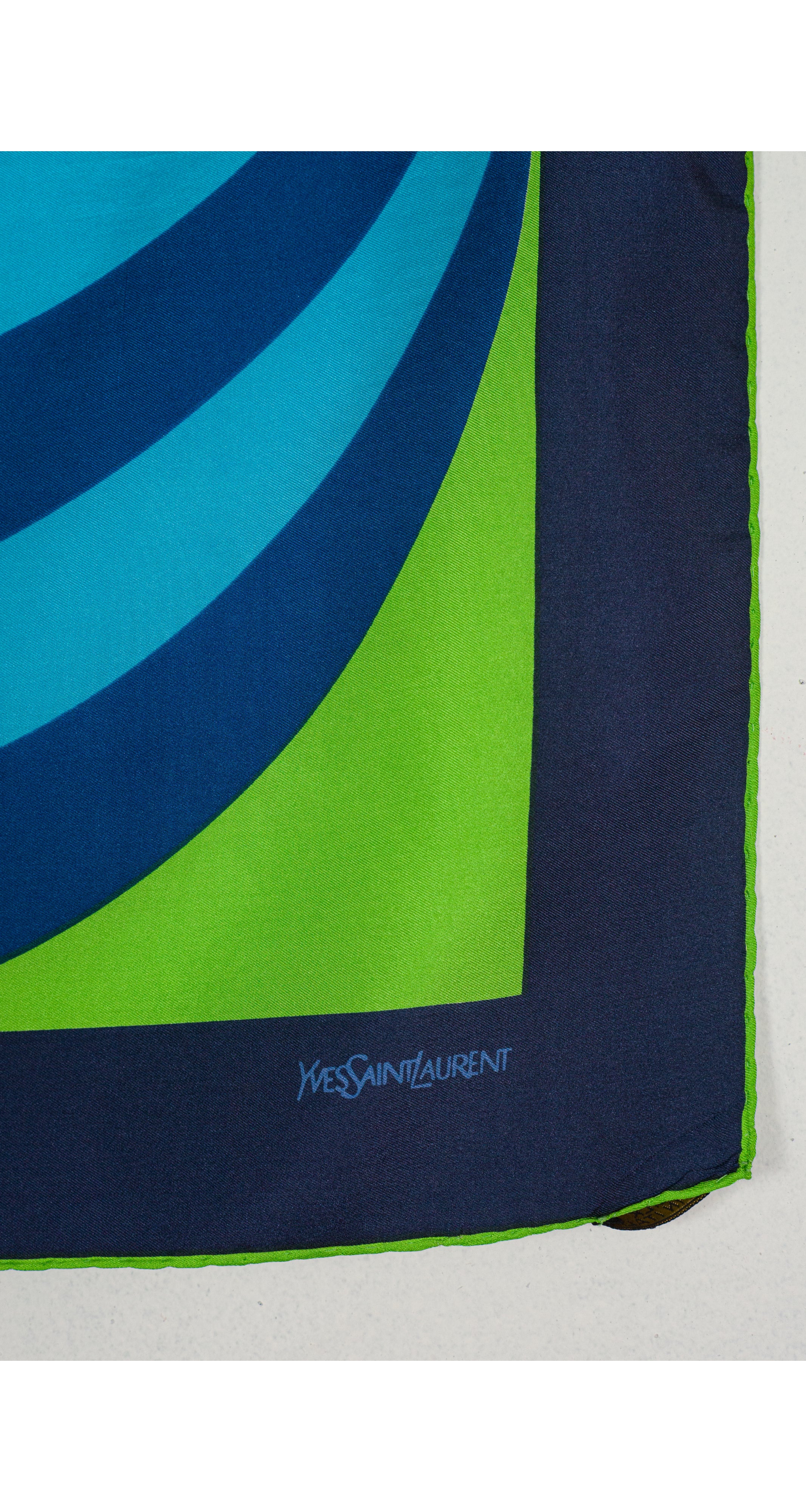 1970s Op Art Graphic Print Blue & Green Silk Twill Scarf