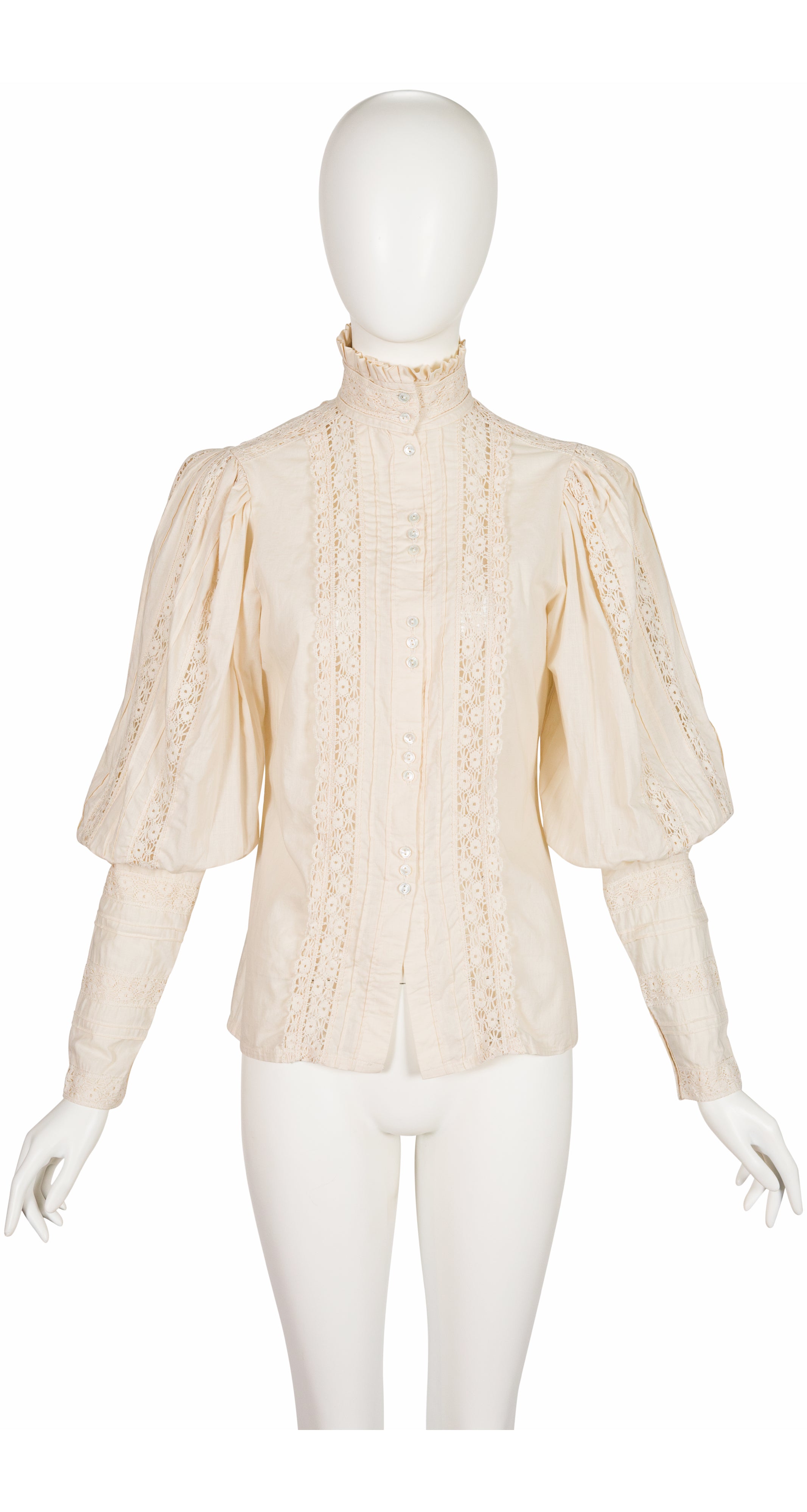 1980s Cream Cotton Lace Leg-of-Mutton Sleeve Blouse