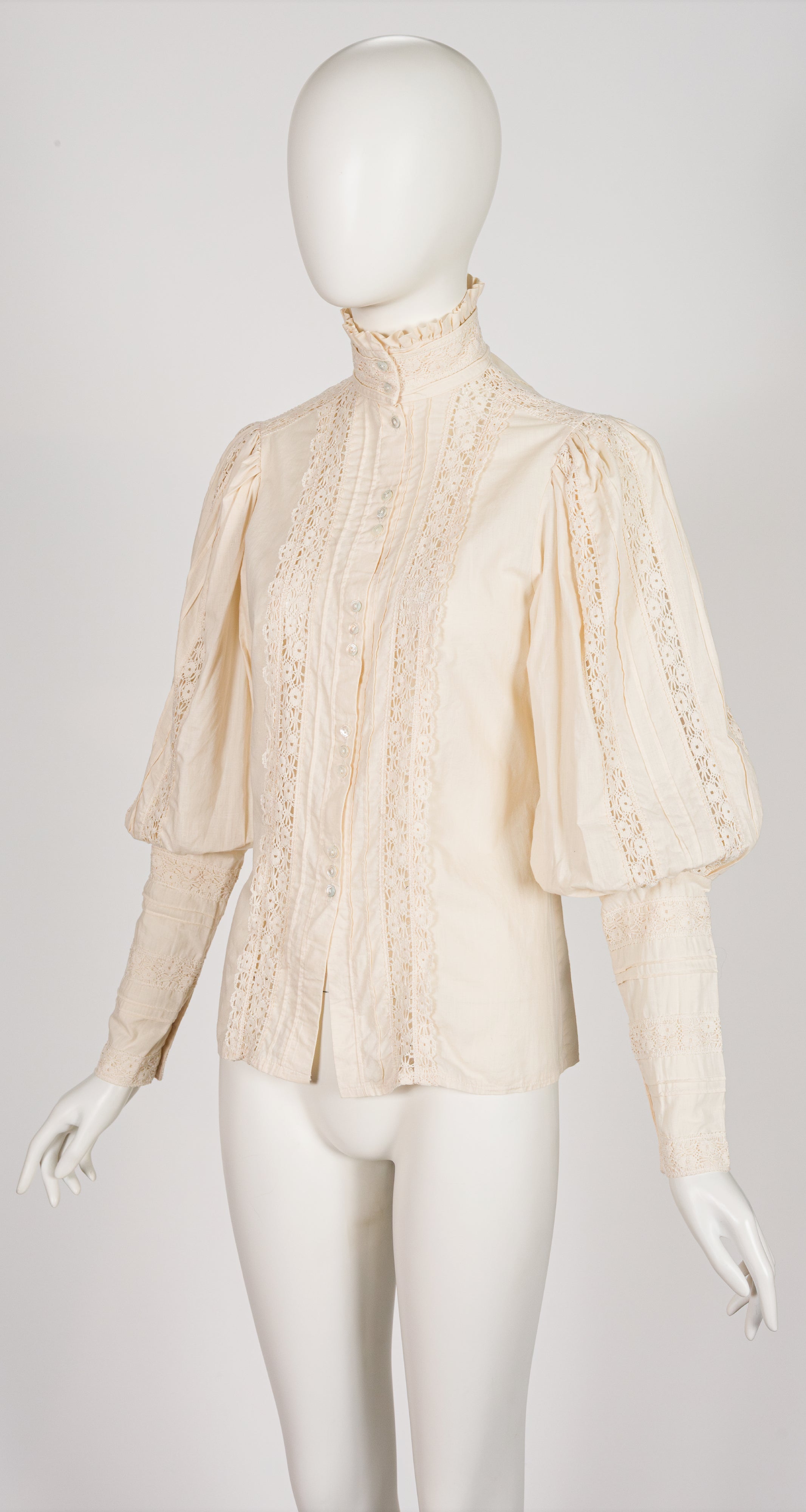 1980s Cream Cotton Lace Leg-of-Mutton Sleeve Blouse