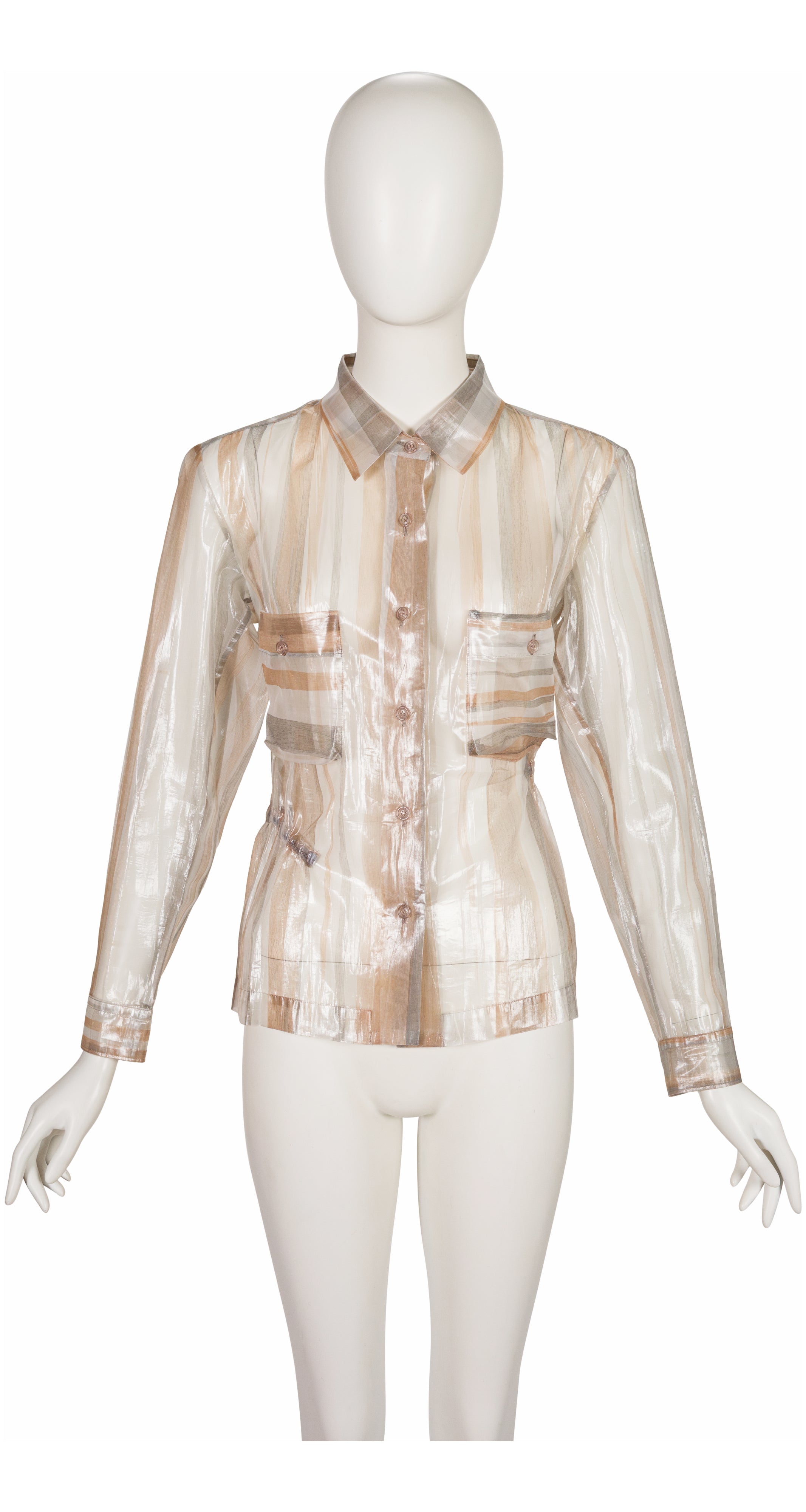 1996 S/S Transparent Metallic Striped Button-Up Top