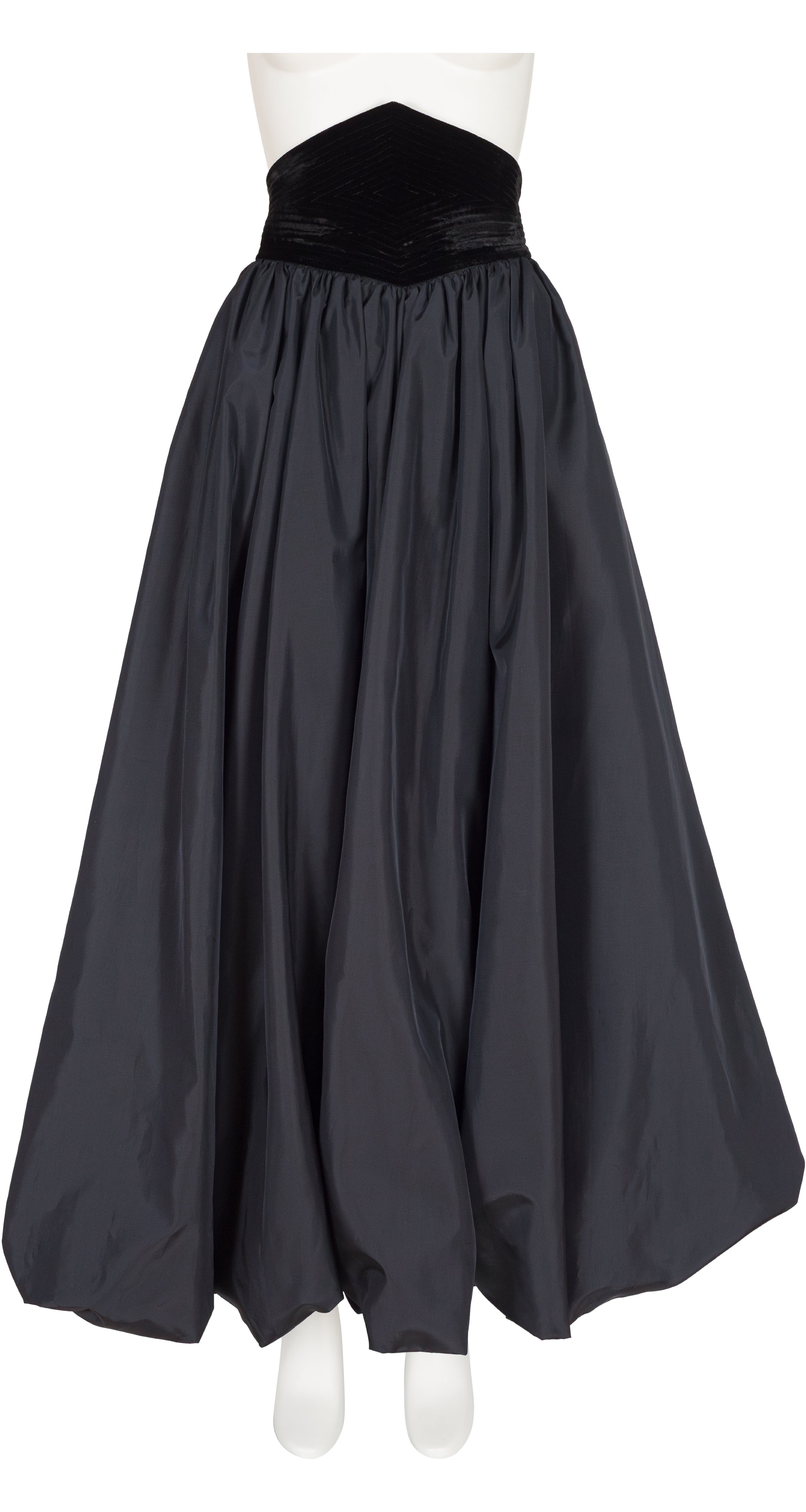 1980s Black Taffeta Cummerbund Bubble Hem Ballroom Skirt