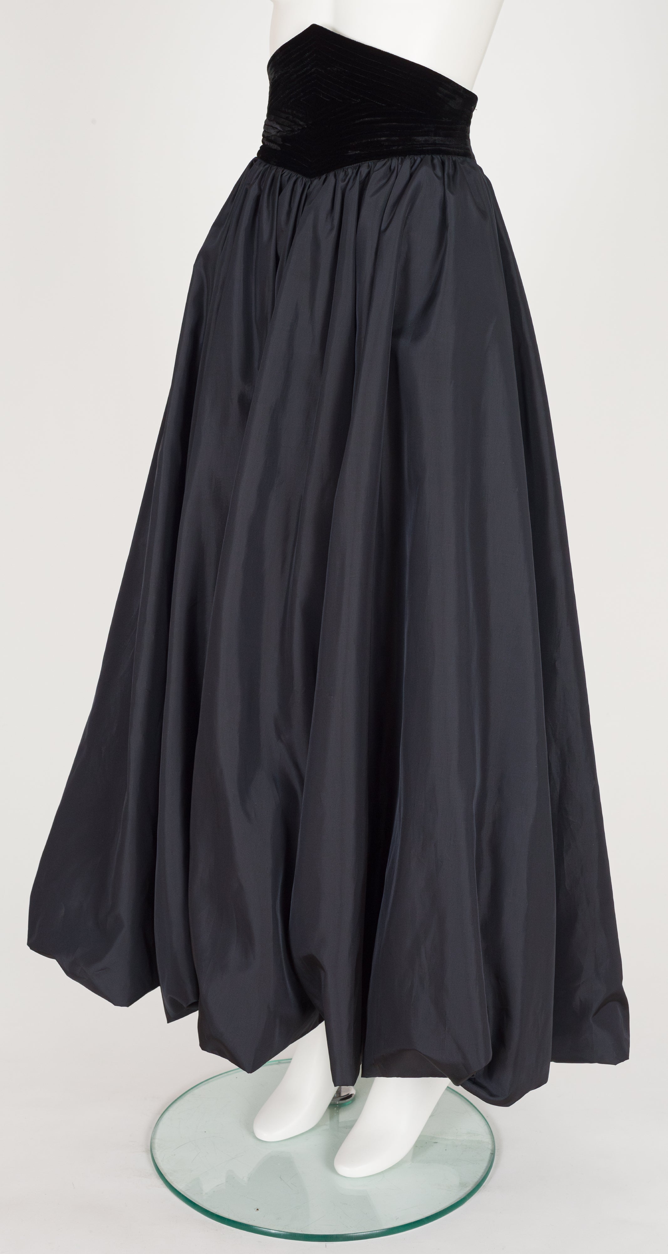 1980s Black Taffeta Cummerbund Bubble Hem Ballroom Skirt