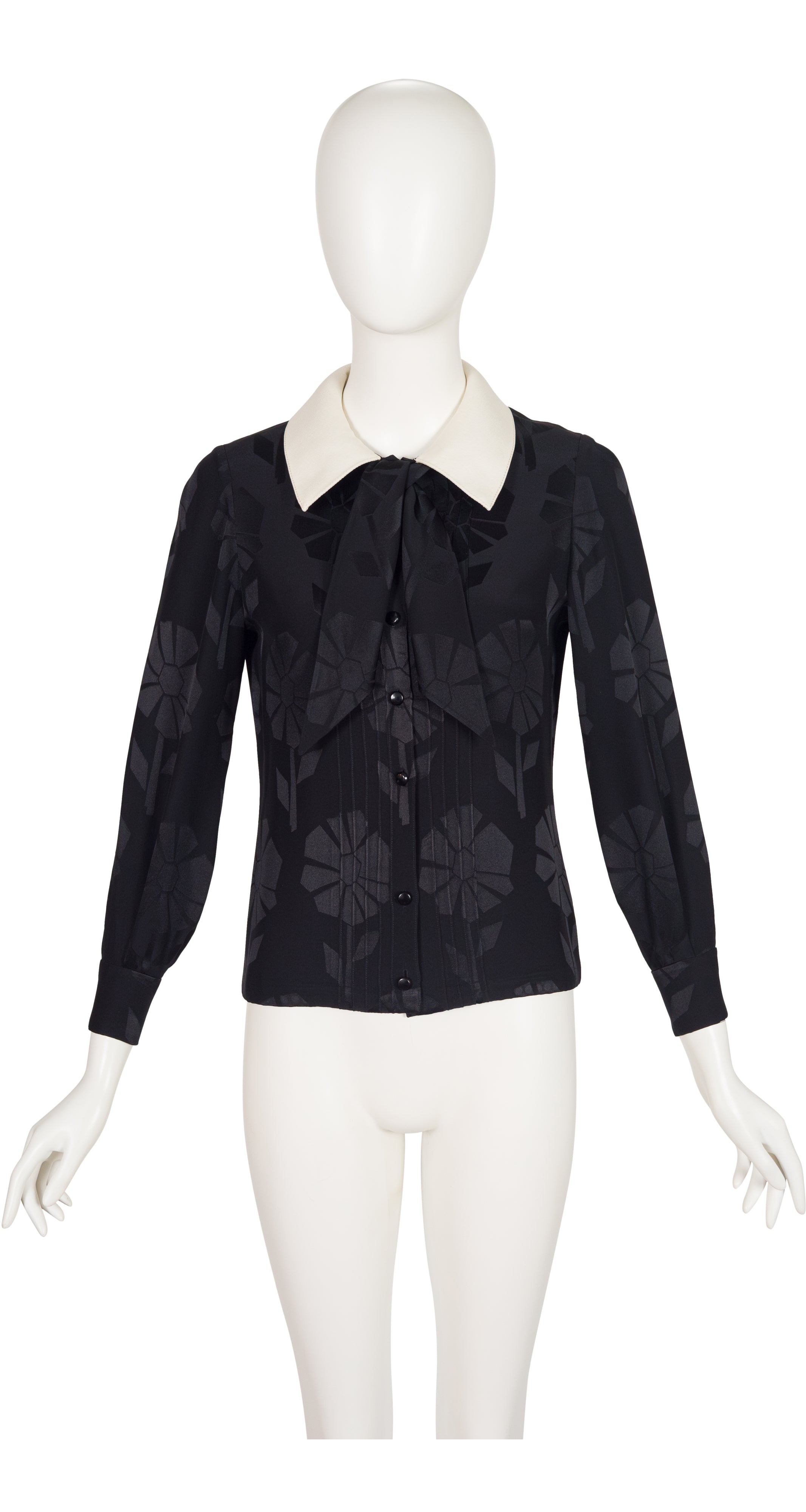 1973 Daisy Print Black Silk Jacquard Collared Blouse