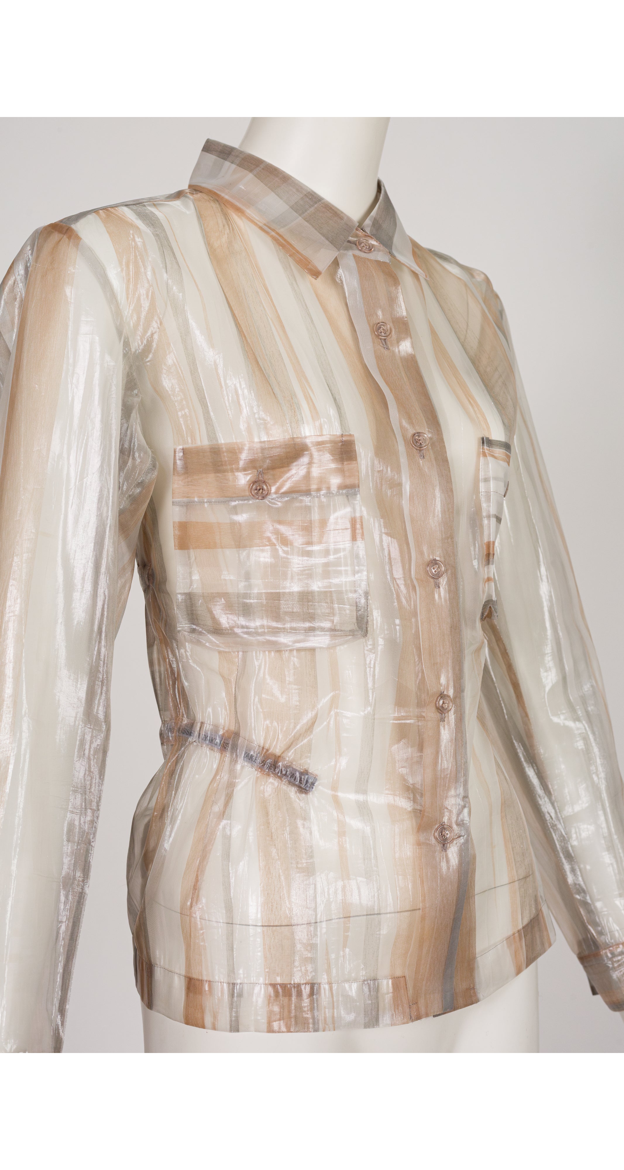 1996 S/S Transparent Metallic Striped Button-Up Top