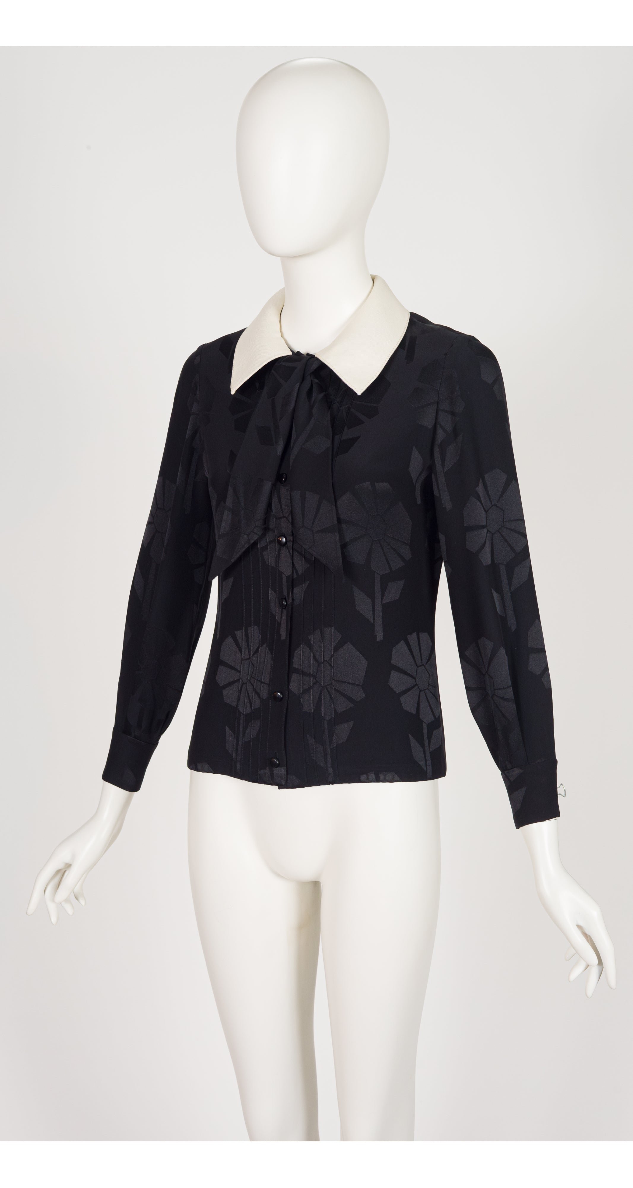 1973 Daisy Print Black Silk Jacquard Collared Blouse